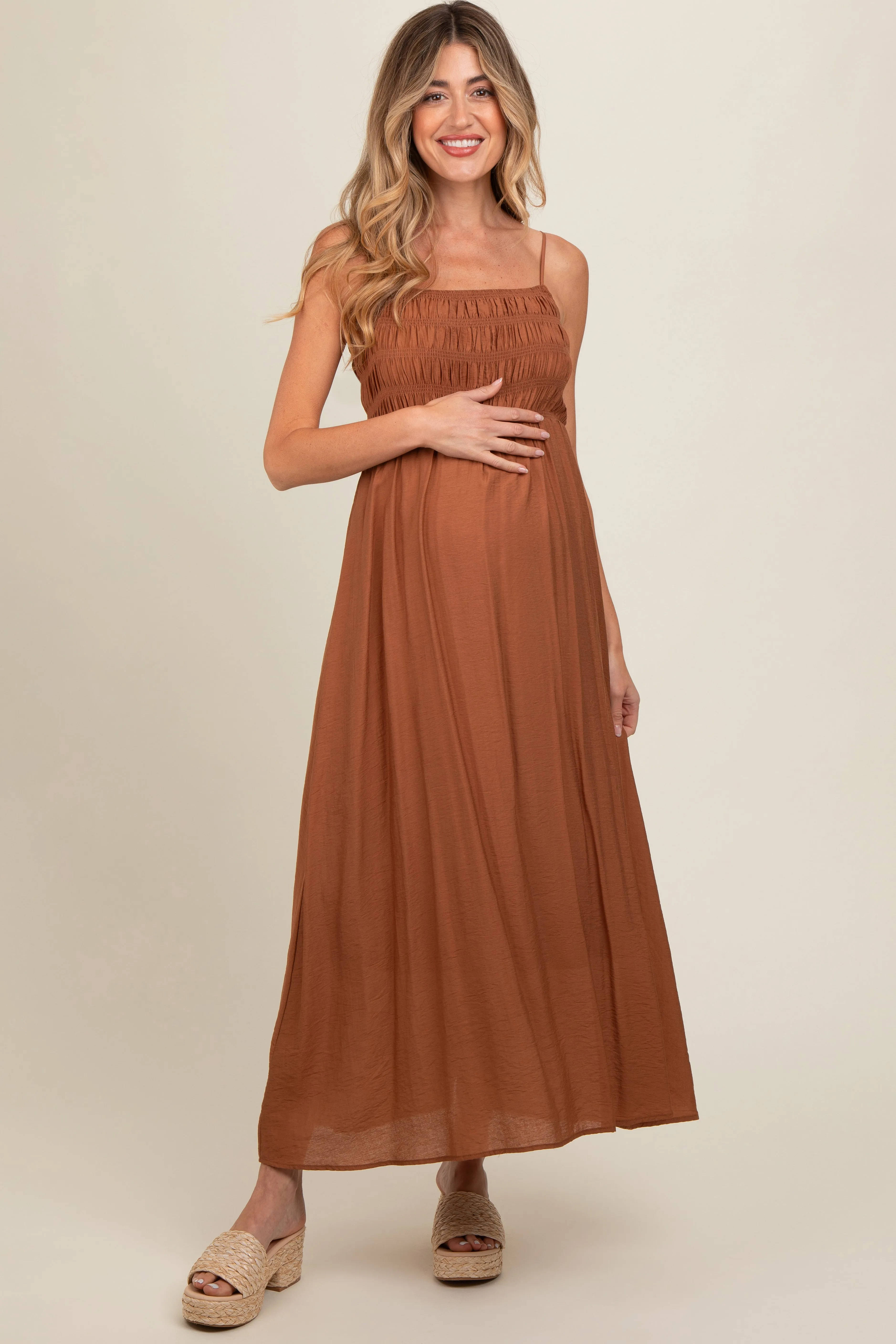 Rust Smocked Cutout Lace Up Back Maternity Maxi Dress sold by Pinkblush
