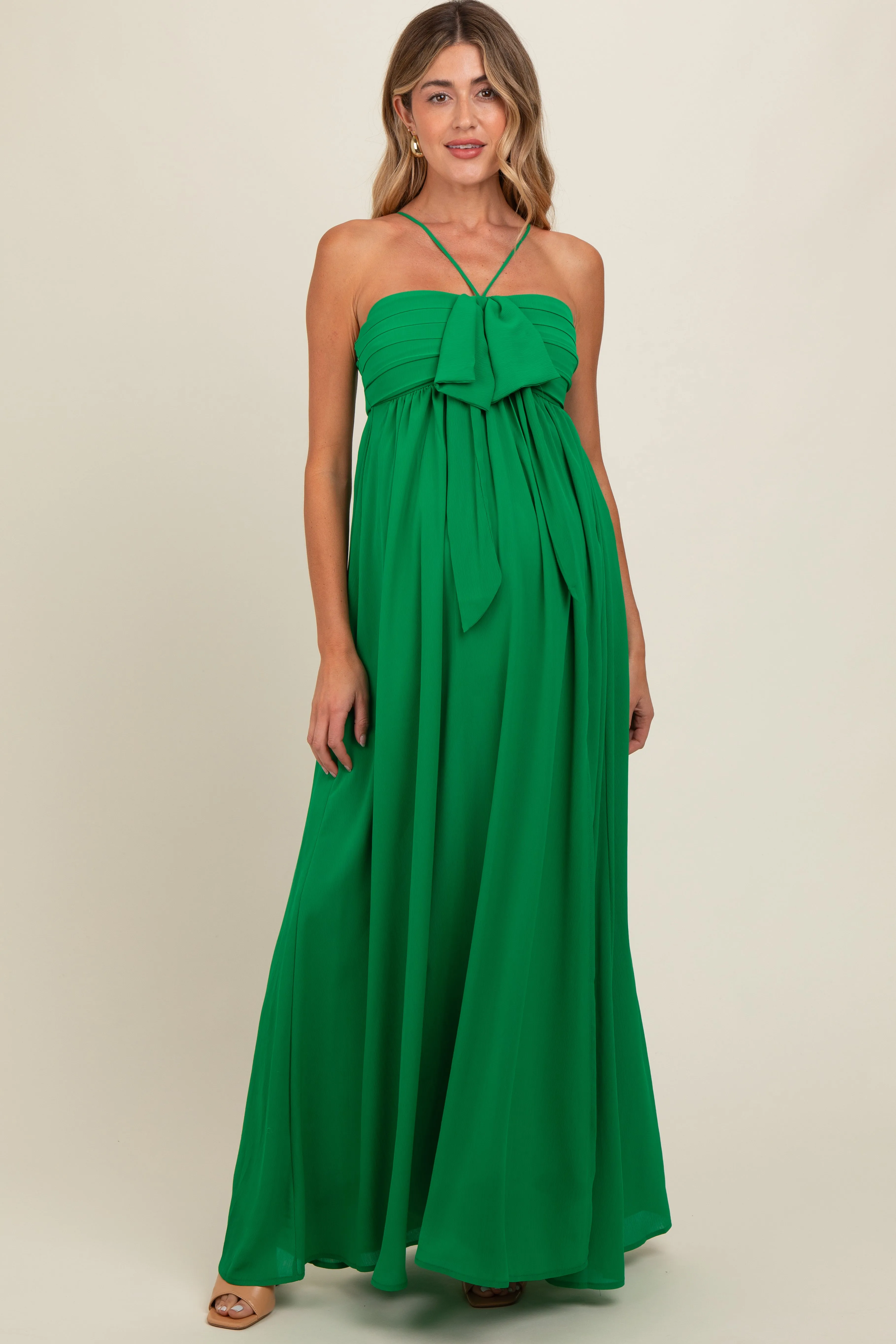 Green Pleated Front Tie Side Slit Maternity Maxi Dress sold by Pinkblush