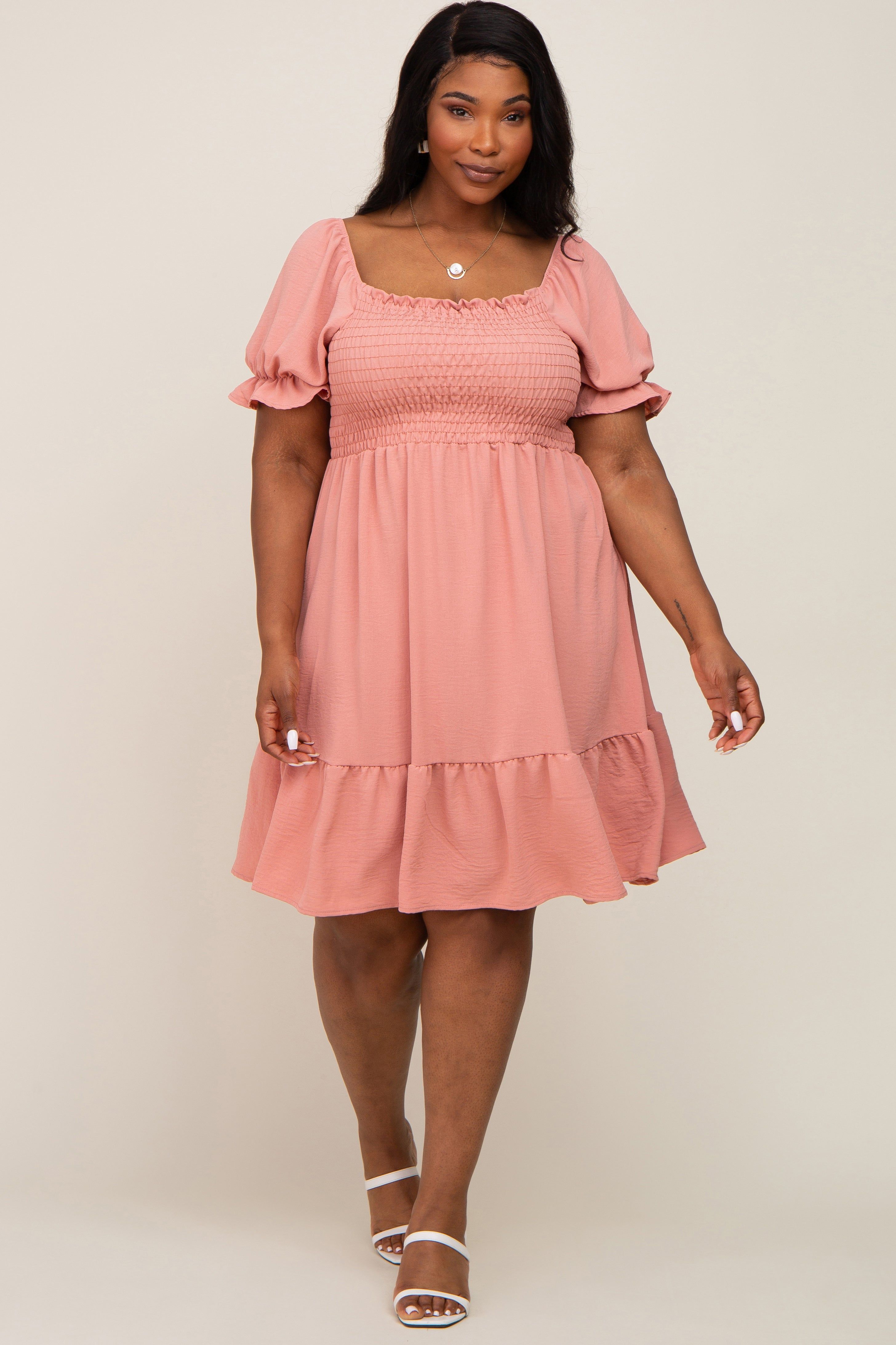 Coral Smocked Ruffle Trim Plus Dress sold by Pinkblush