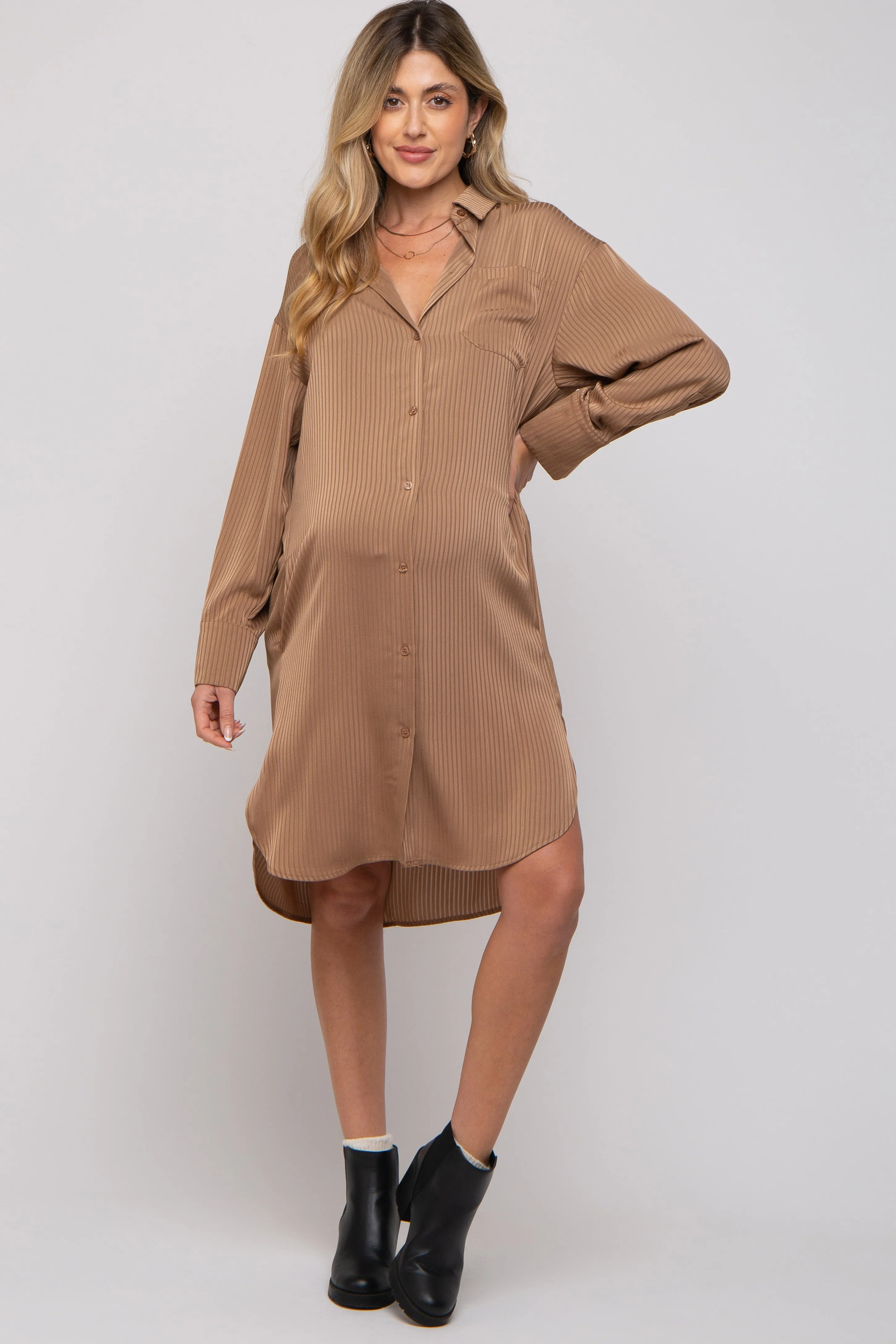 Mocha Striped Maternity Shirt Dress sold by Pinkblush product image thumbnail 4