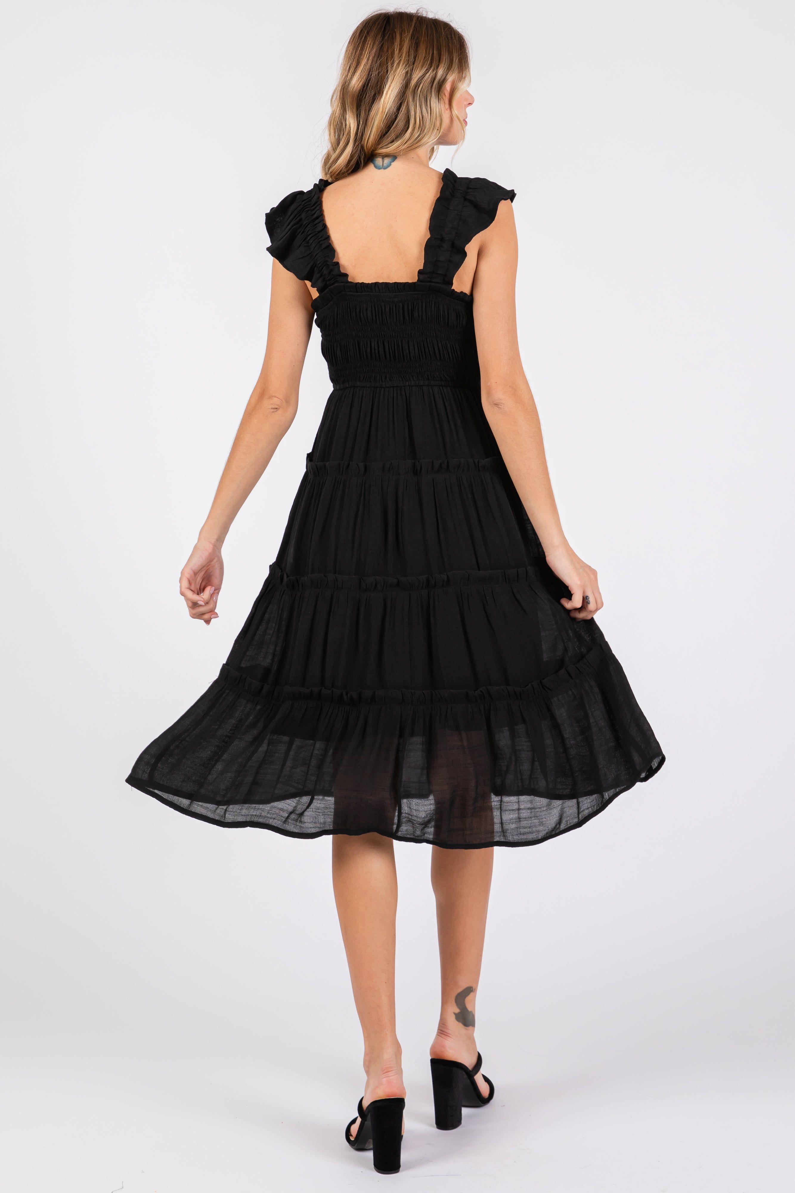Black Sleeveless Smocked Tiered Midi Dress sold by Pinkblush product image thumbnail 3