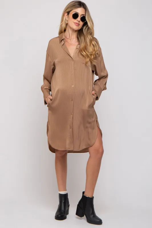 Mocha Striped Maternity Shirt Dress sold by Pinkblush