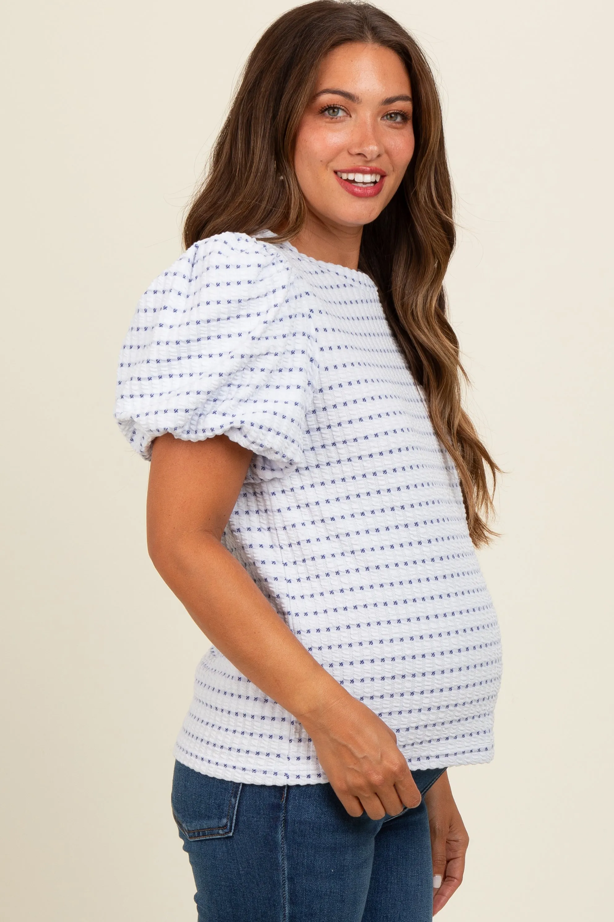 Blue Checker Print Puff Sleeve Maternity Top sold by Pinkblush product image thumbnail 3