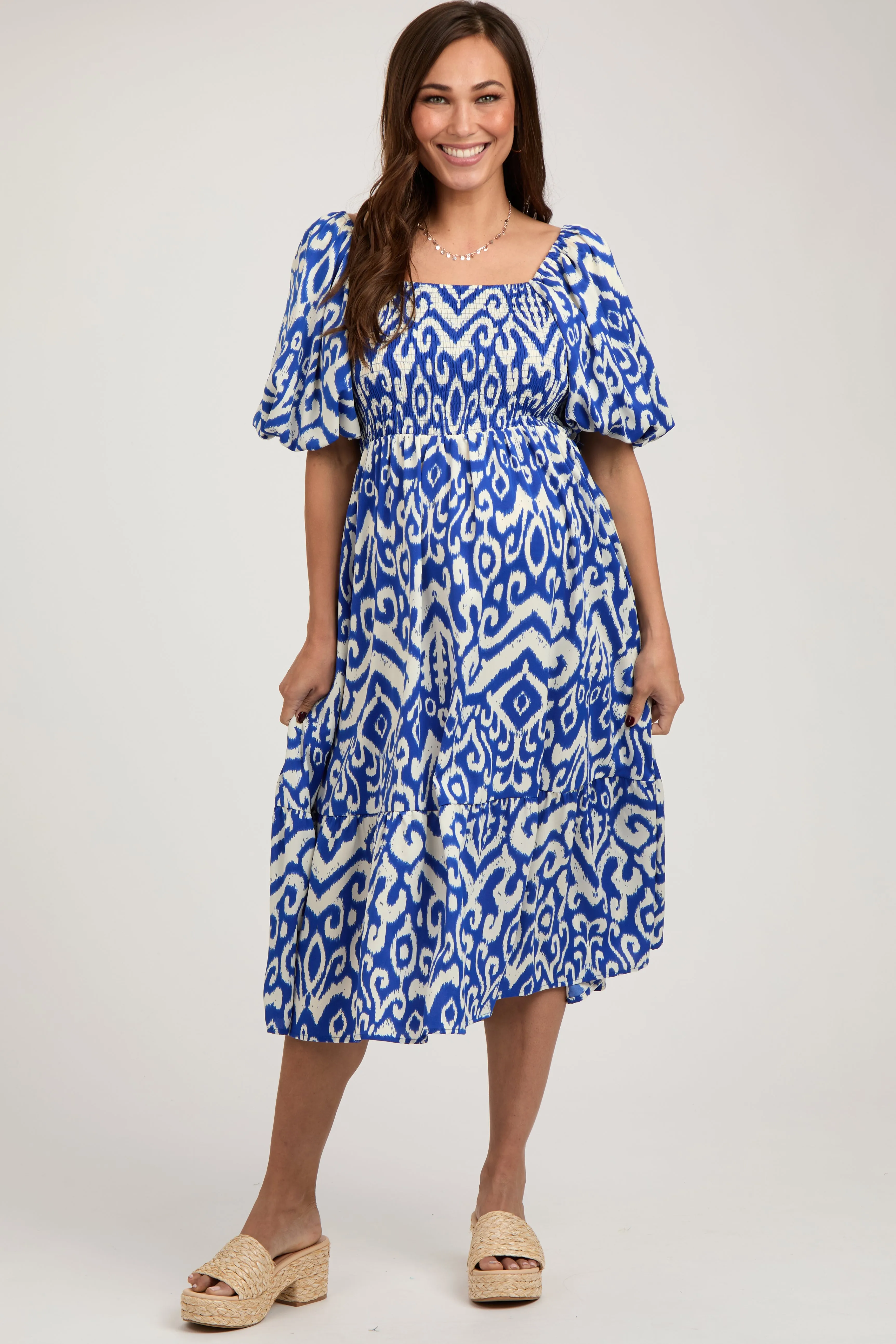 Royal Blue Square Neck Smocked Ruffle Maternity Midi Dress sold by Pinkblush product image thumbnail 2