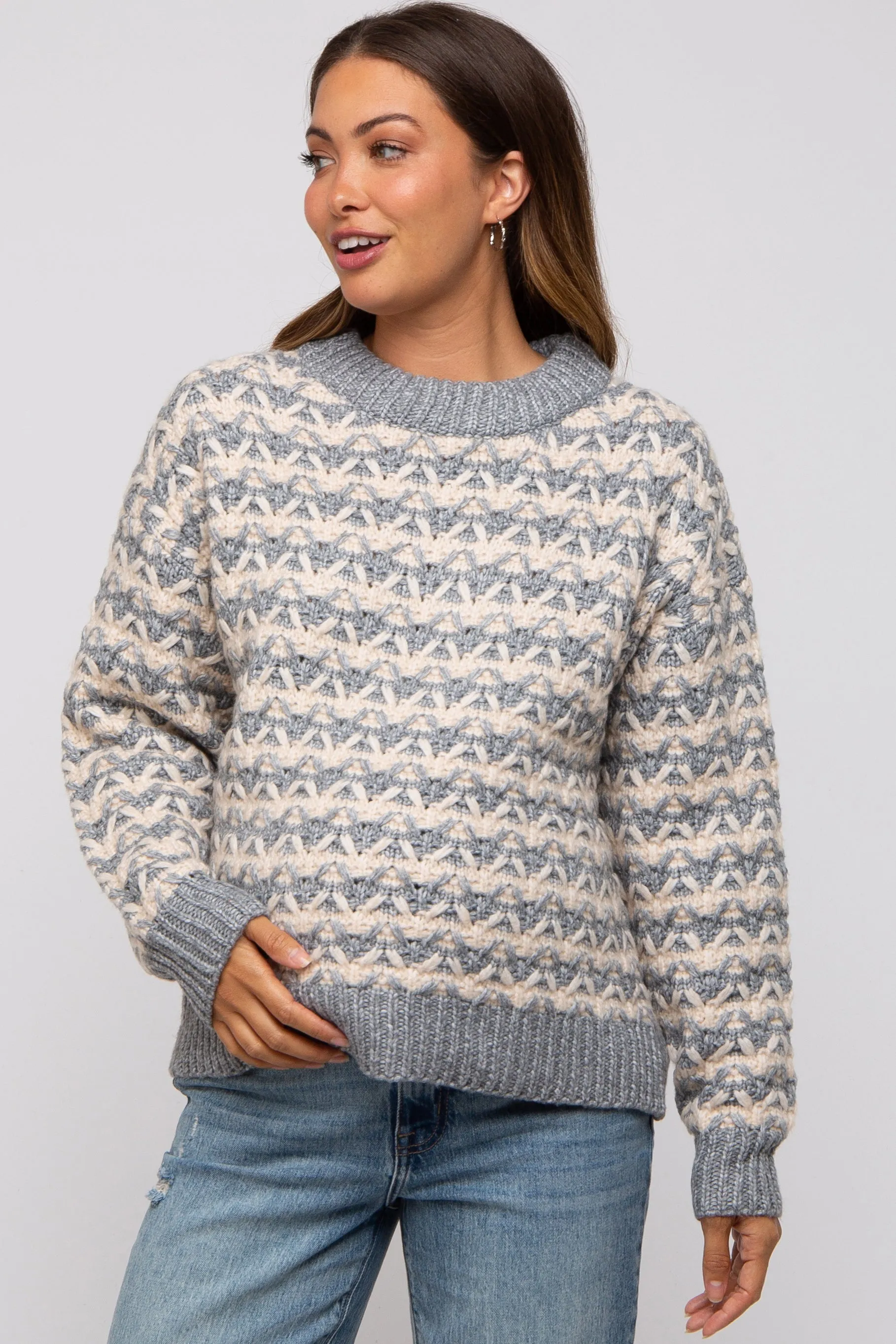 Grey Striped Open Knit Maternity Sweater sold by Pinkblush product image thumbnail 2
