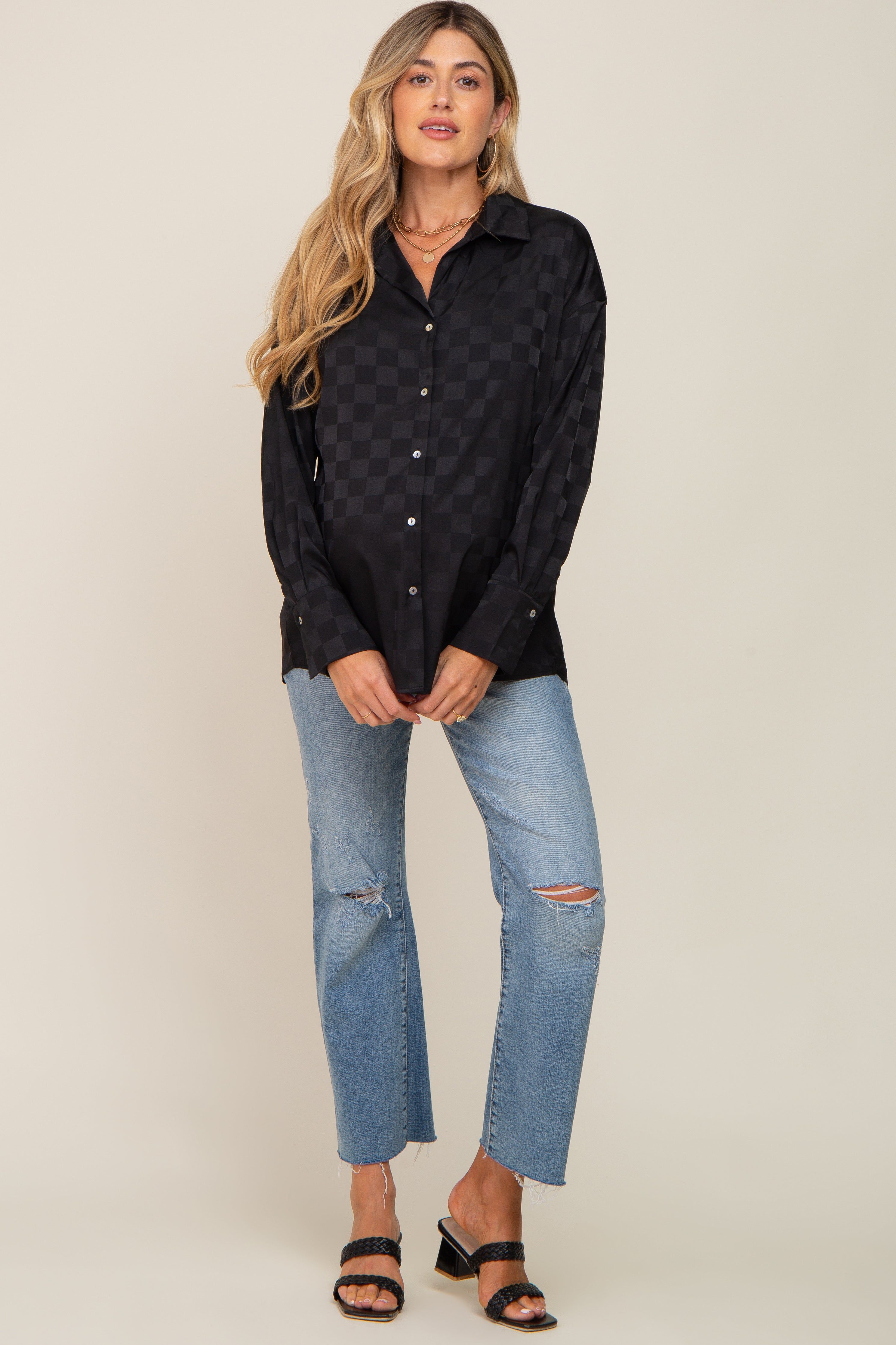 Black Checkered Satin Button Up Maternity Top sold by Pinkblush product image thumbnail 4