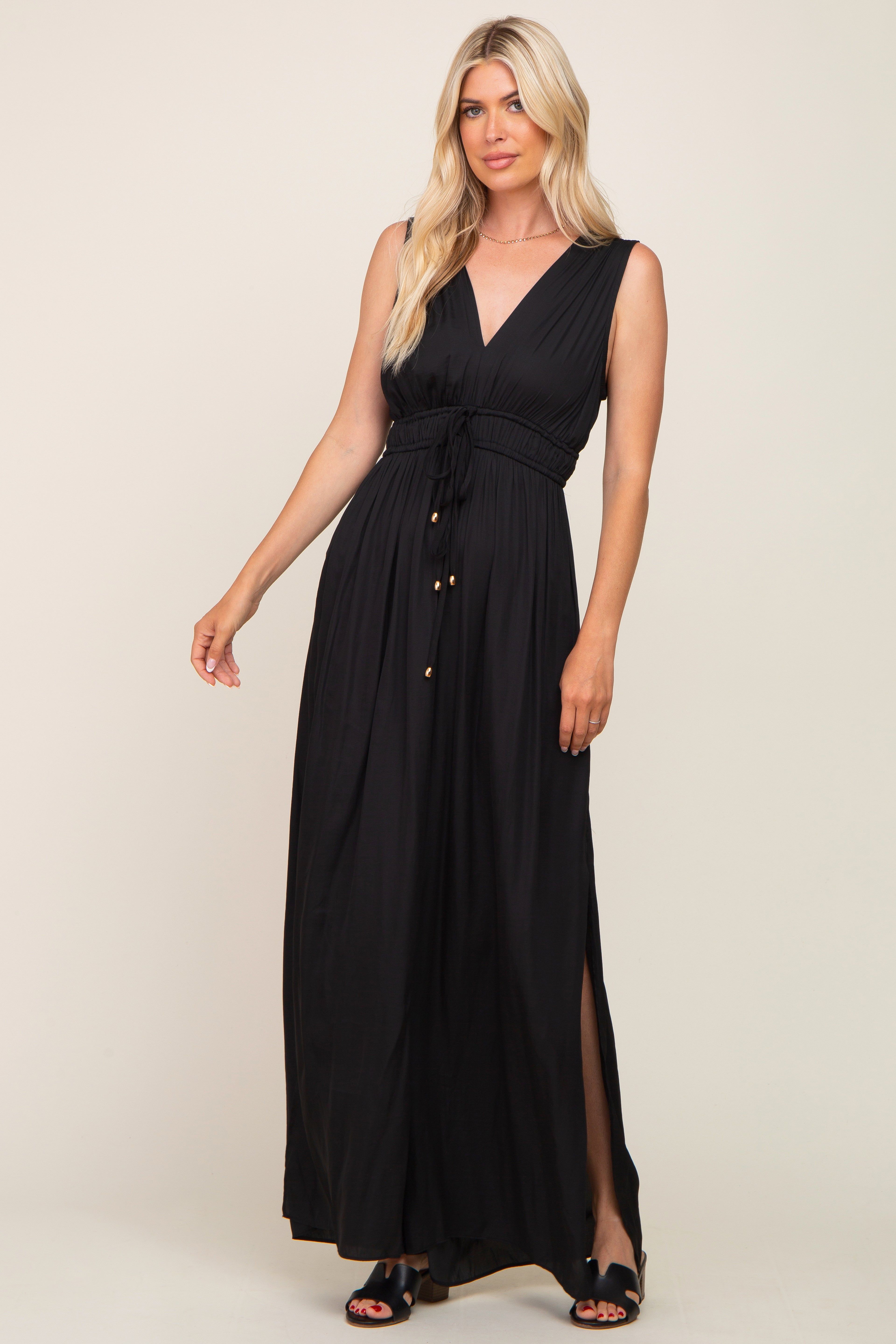 Black Satin V-Neck Side Slit Jumpsuit sold by Pinkblush product image thumbnail 4