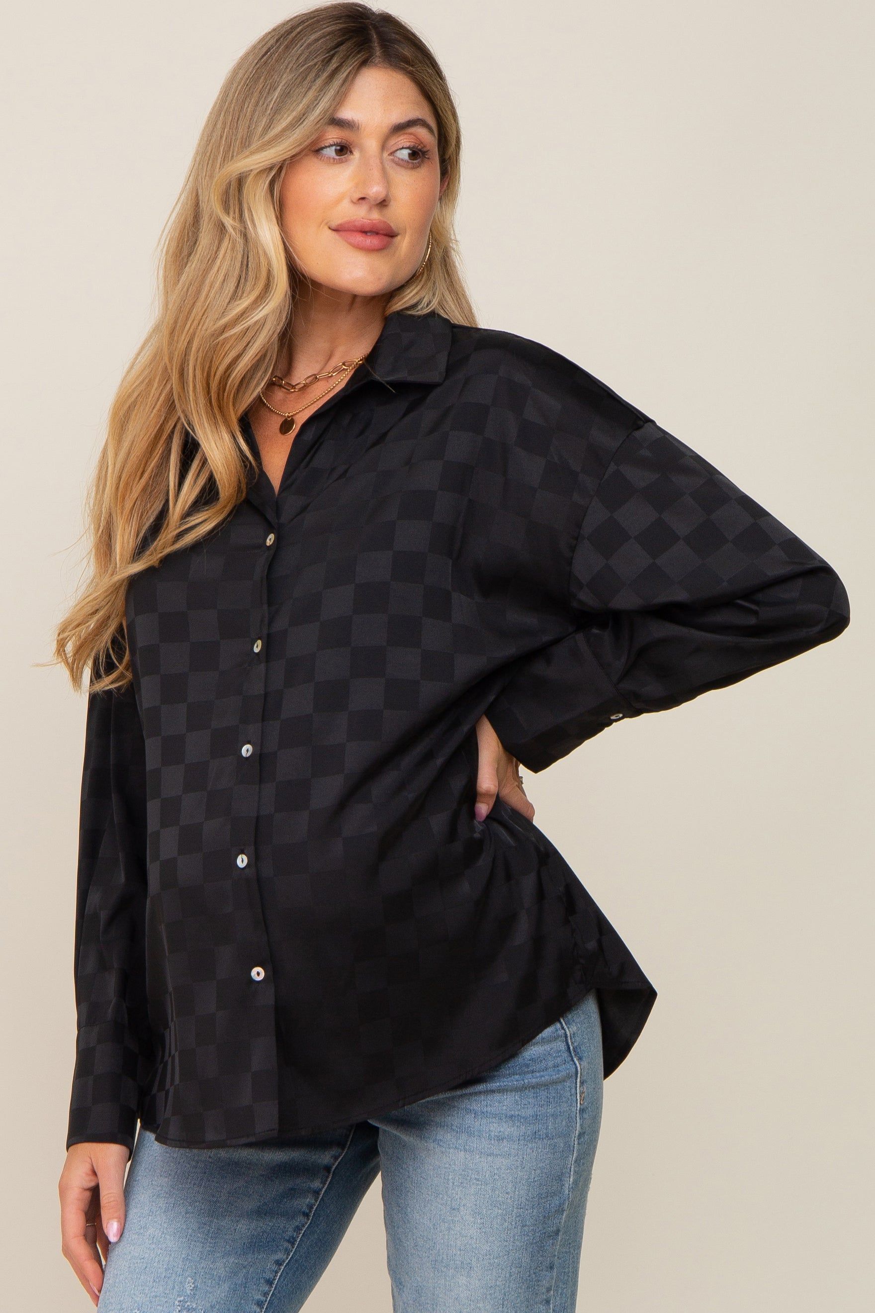 Black Checkered Satin Button Up Maternity Top sold by Pinkblush
