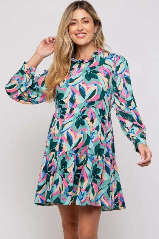 Teal Floral Ruffle Mock Neck Maternity Dress sold by Pinkblush