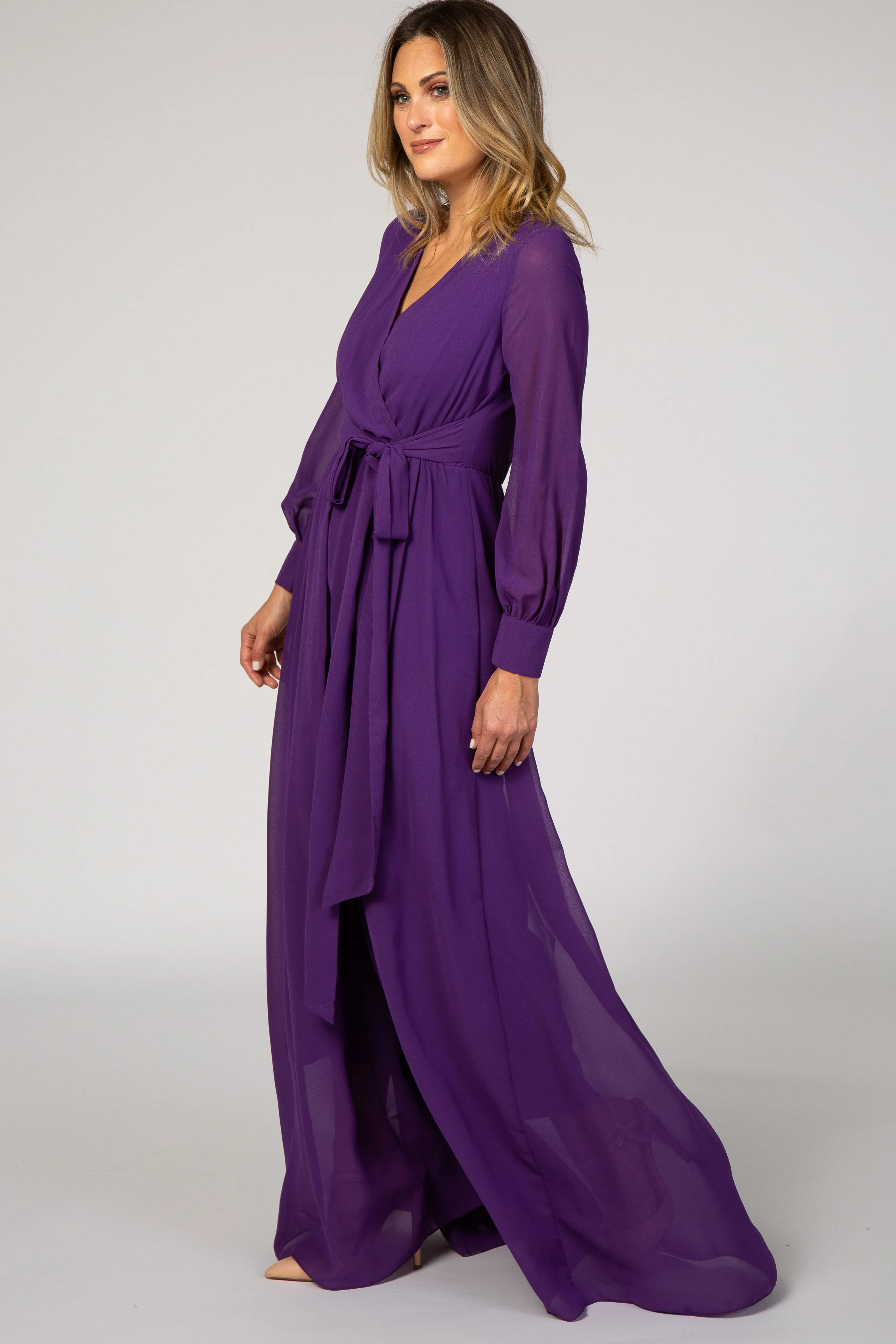 Purple Chiffon Long Sleeve Pleated Maxi Dress sold by Pinkblush product image thumbnail 2