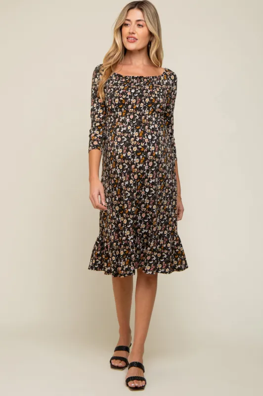 Black Floral Smocked 3/4 Sleeve Maternity Dress sold by Pinkblush