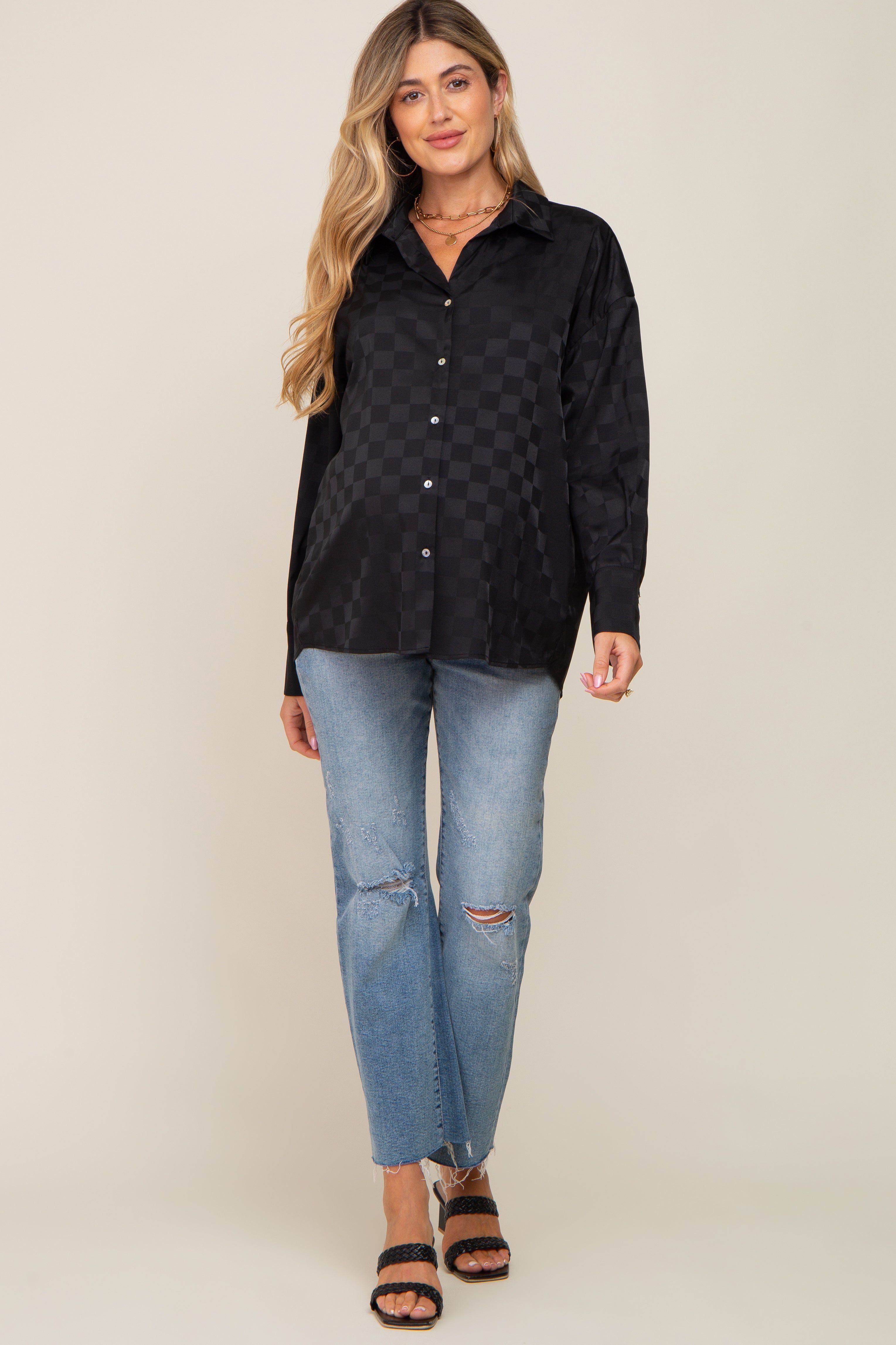 Black Checkered Satin Button Up Maternity Top sold by Pinkblush product image thumbnail 5