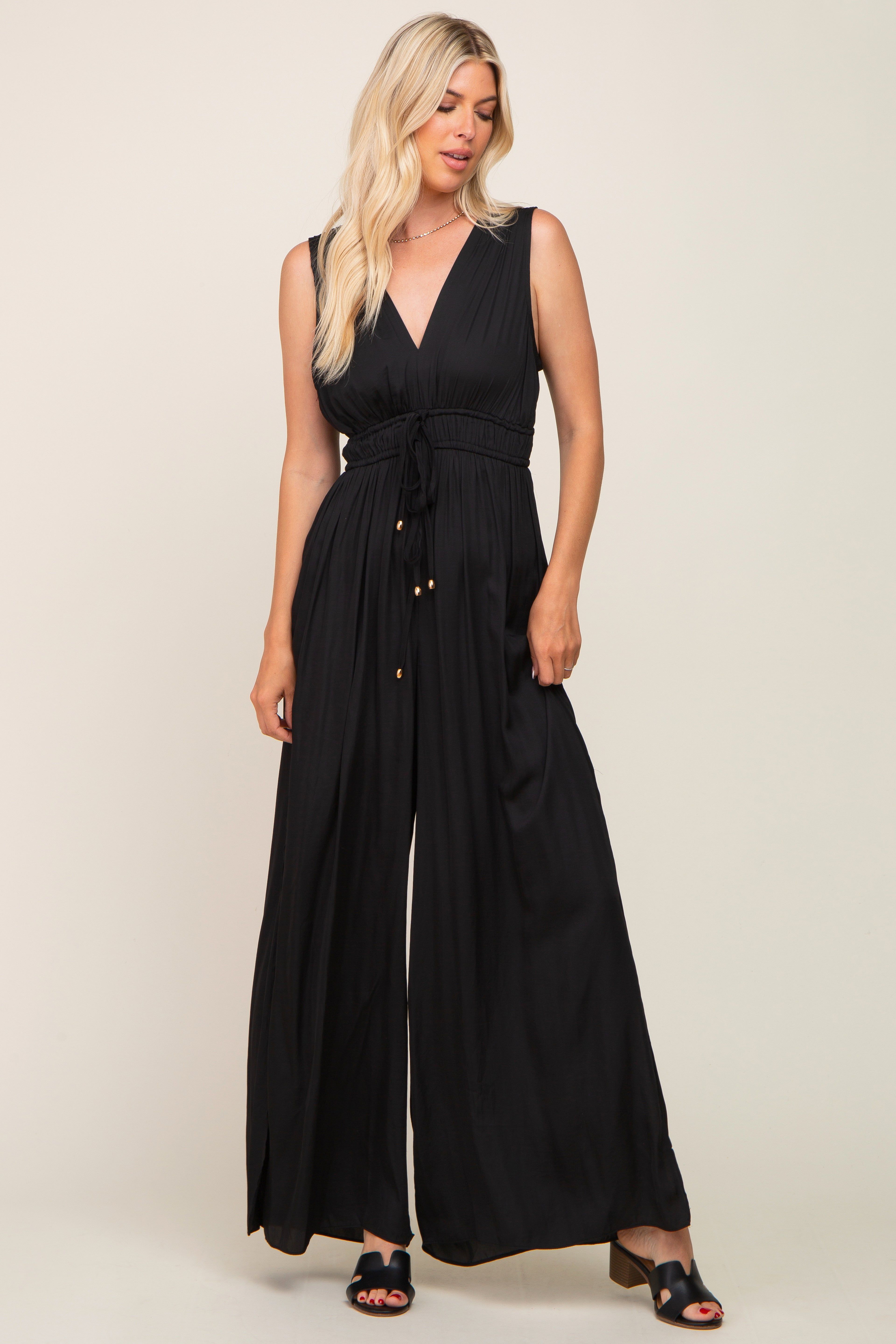 Black Satin V-Neck Side Slit Jumpsuit sold by Pinkblush product image thumbnail 5