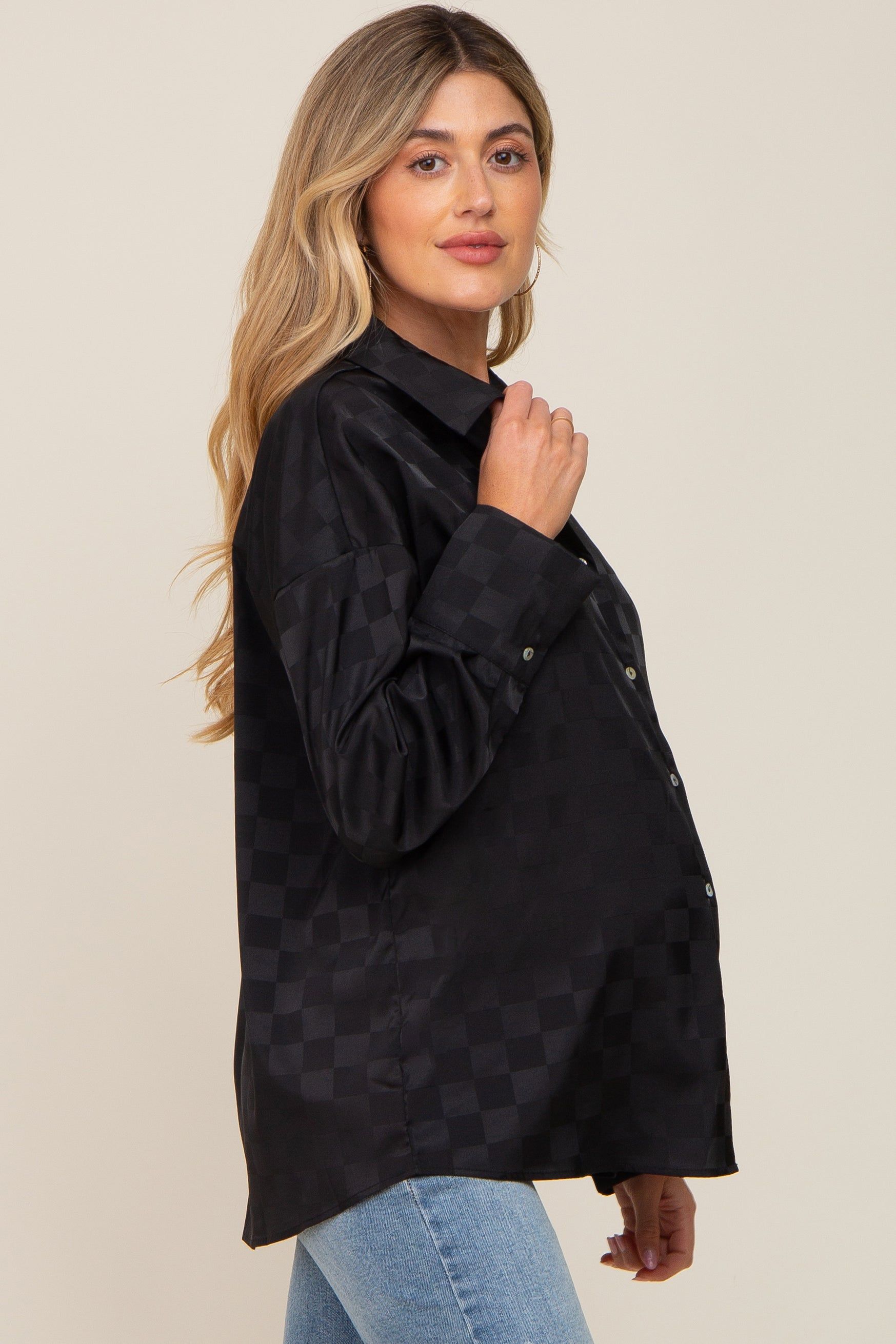 Black Checkered Satin Button Up Maternity Top sold by Pinkblush product image thumbnail 2