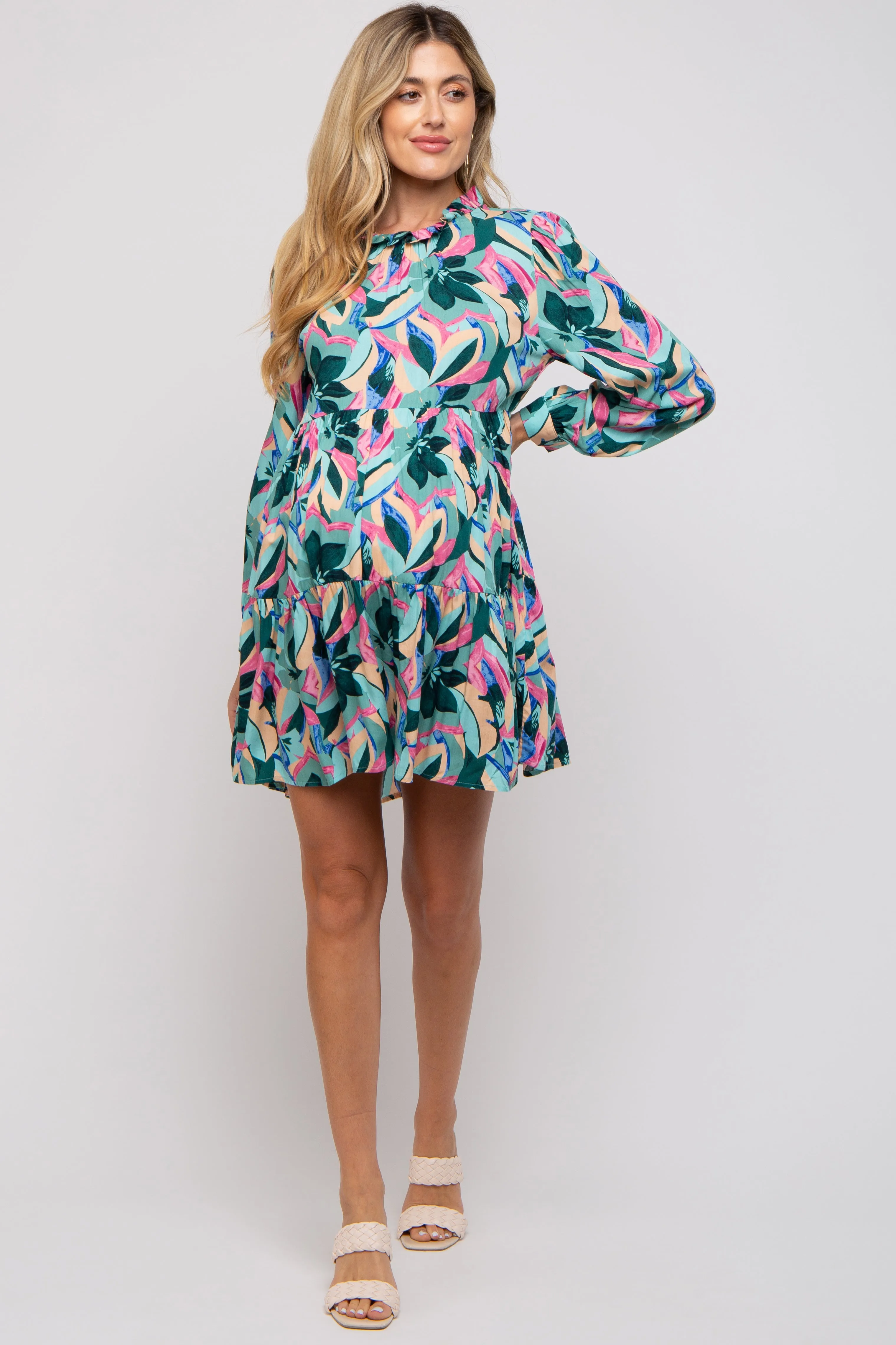 Teal Floral Ruffle Mock Neck Maternity Dress sold by Pinkblush product image thumbnail 2