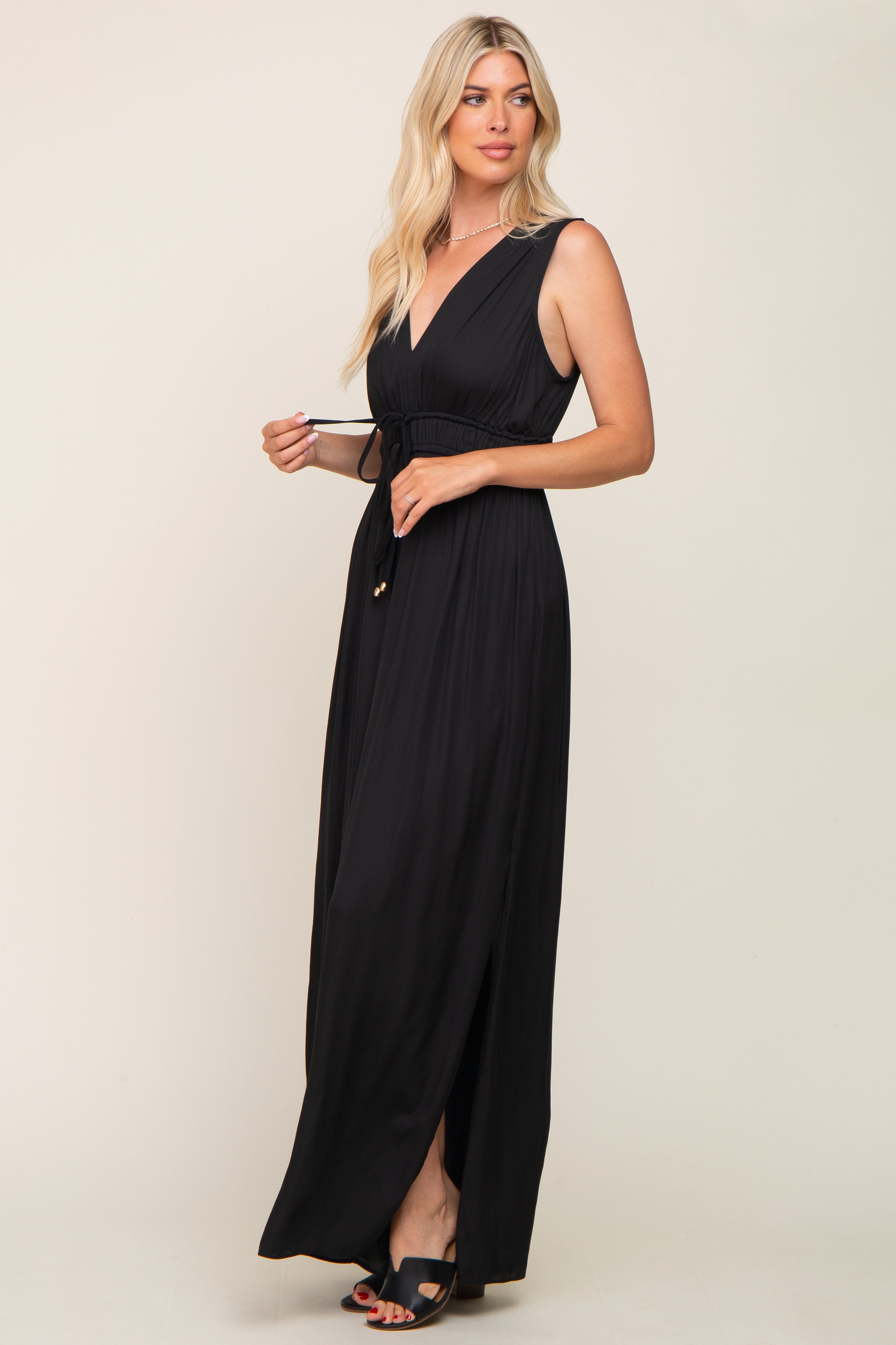 Black Satin V-Neck Side Slit Jumpsuit sold by Pinkblush product image thumbnail 2