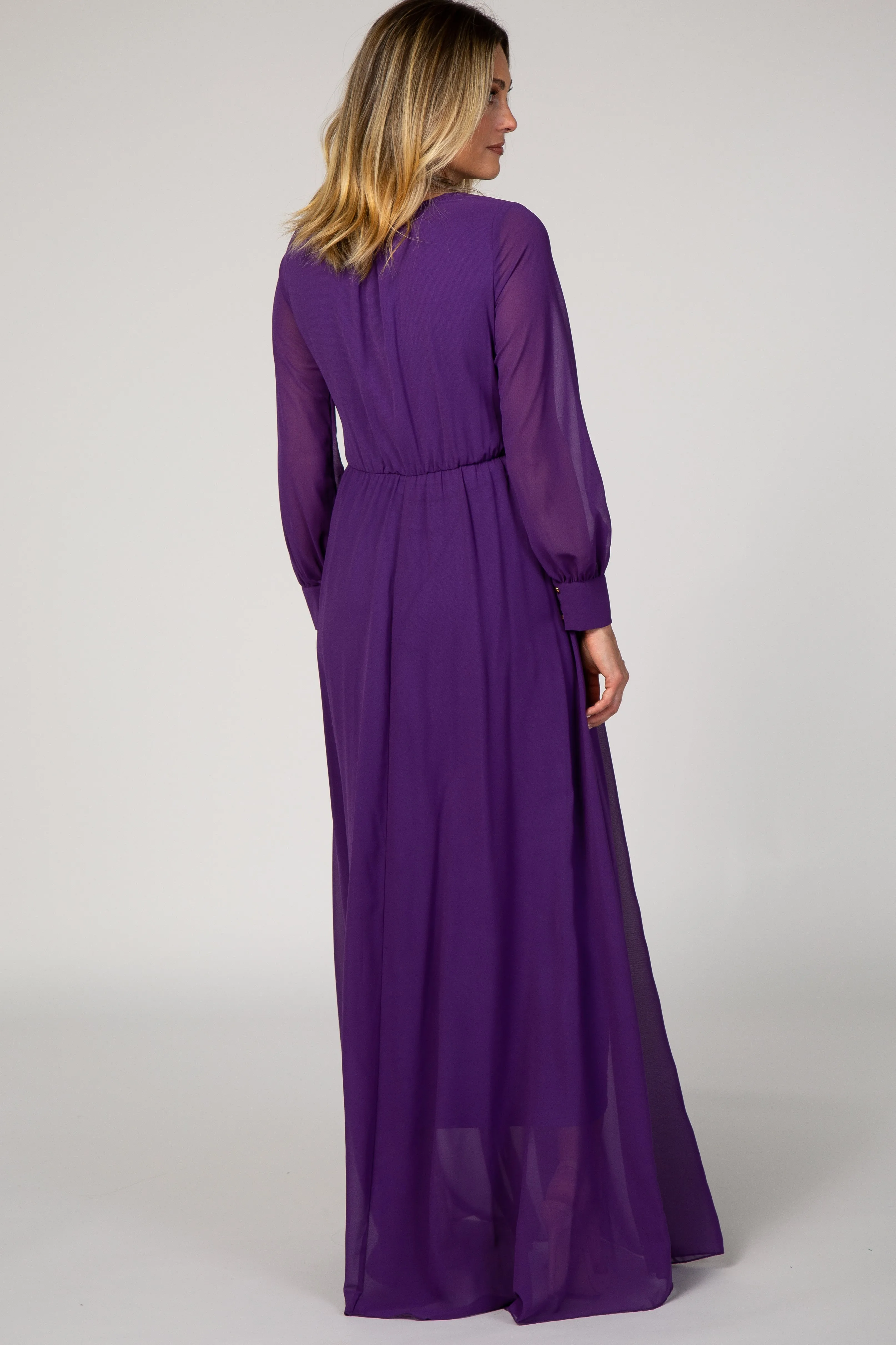 Purple Chiffon Long Sleeve Pleated Maxi Dress sold by Pinkblush product image thumbnail 3
