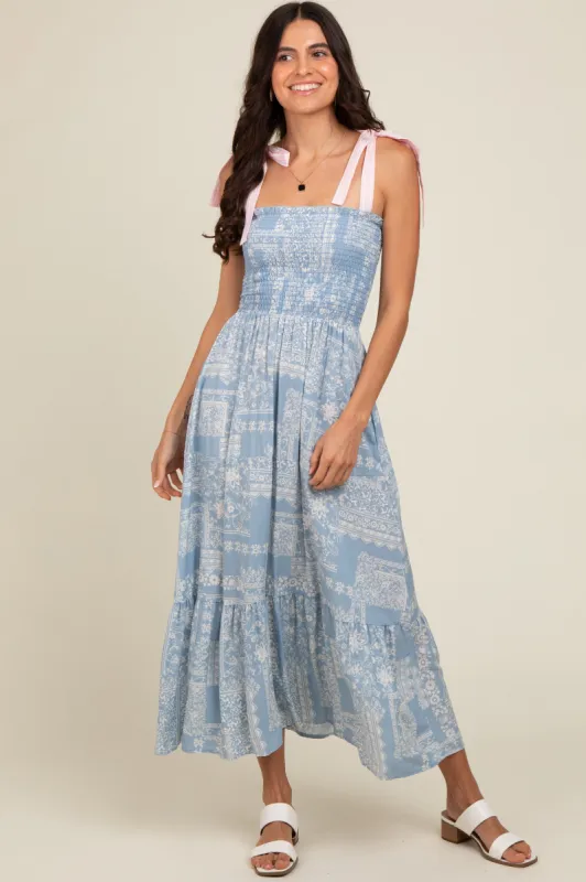Light Blue Floral Smocked Maxi Dress sold by Pinkblush