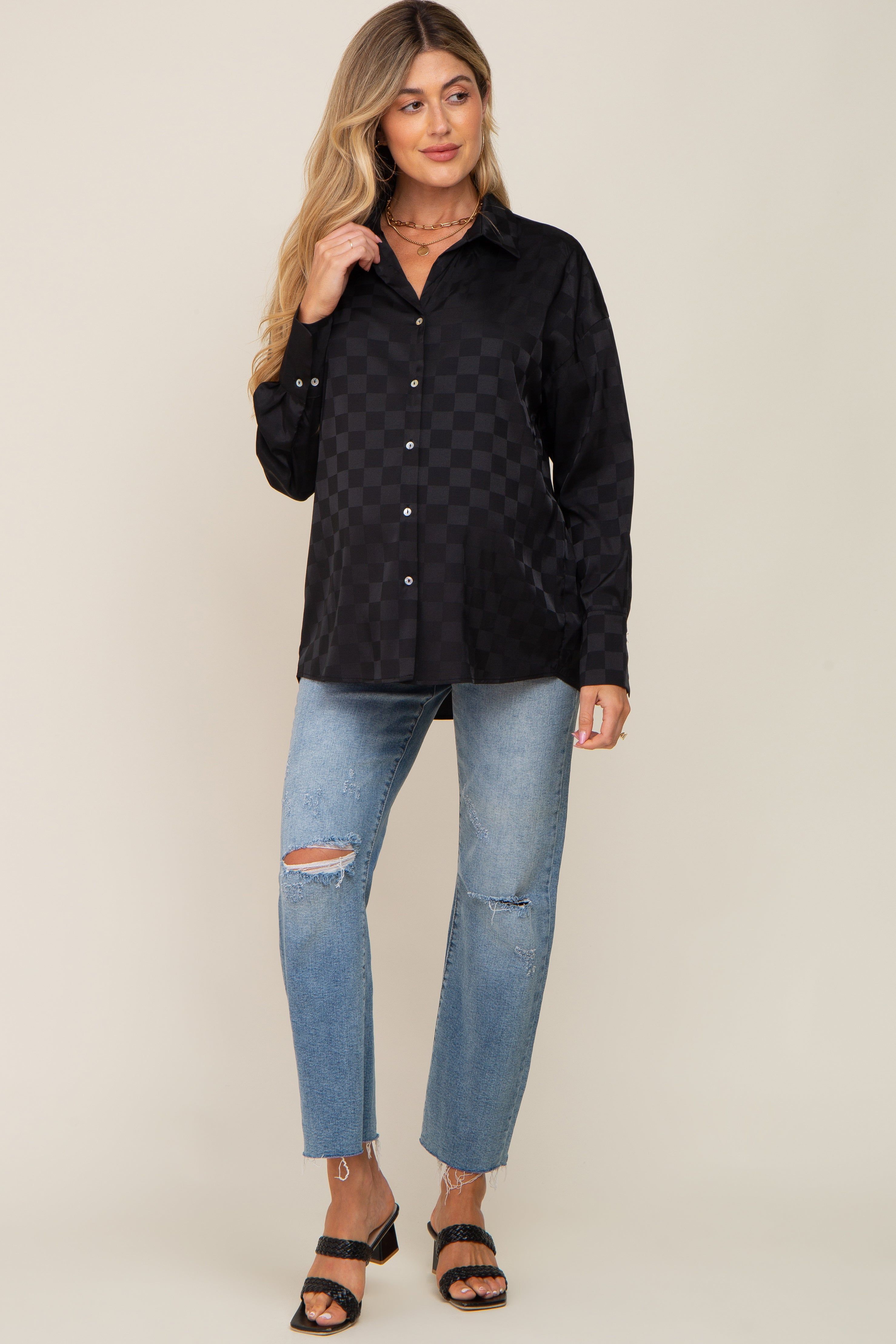 Black Checkered Satin Button Up Maternity Top sold by Pinkblush product image thumbnail 6