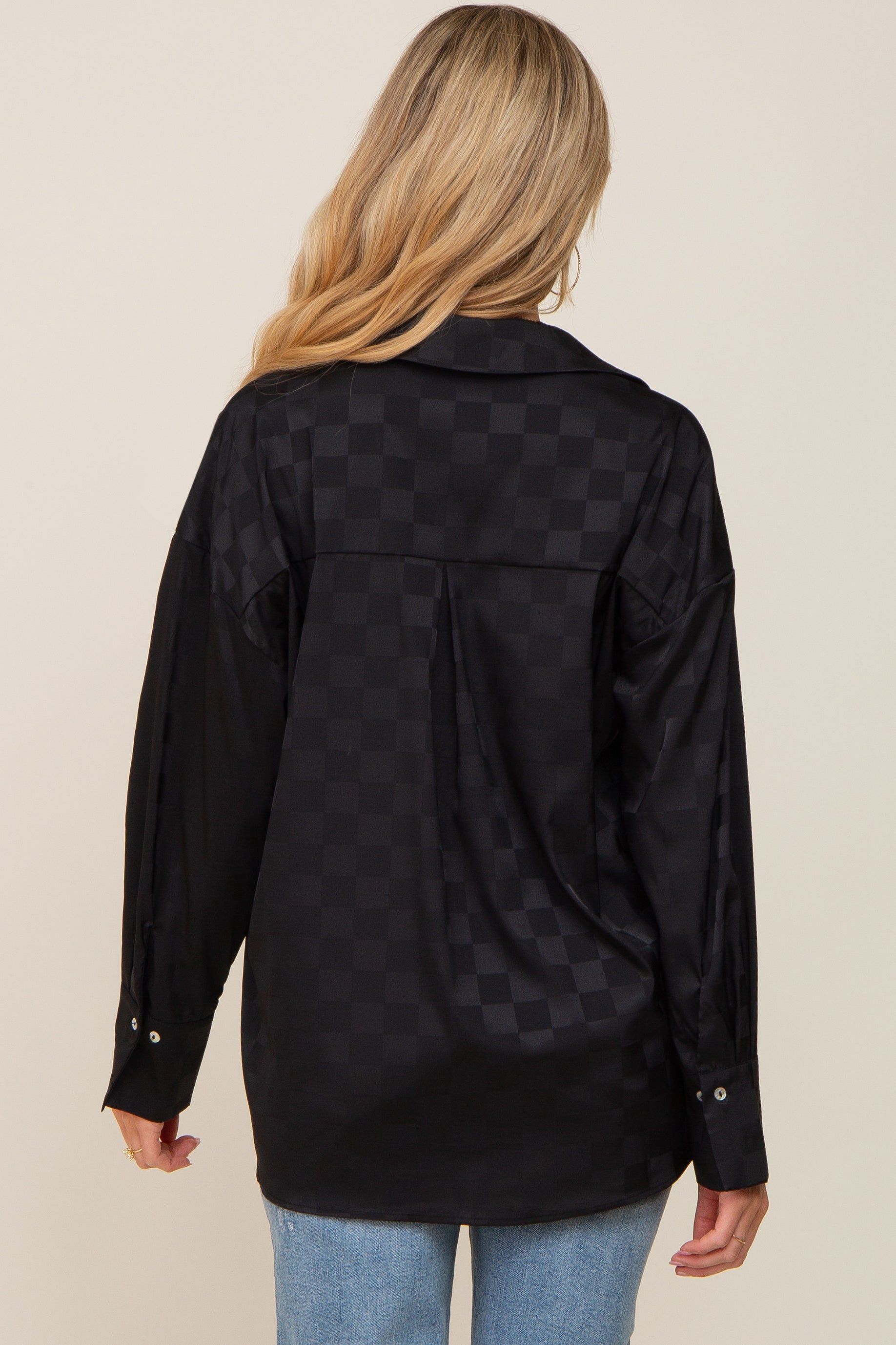 Black Checkered Satin Button Up Maternity Top sold by Pinkblush product image thumbnail 3