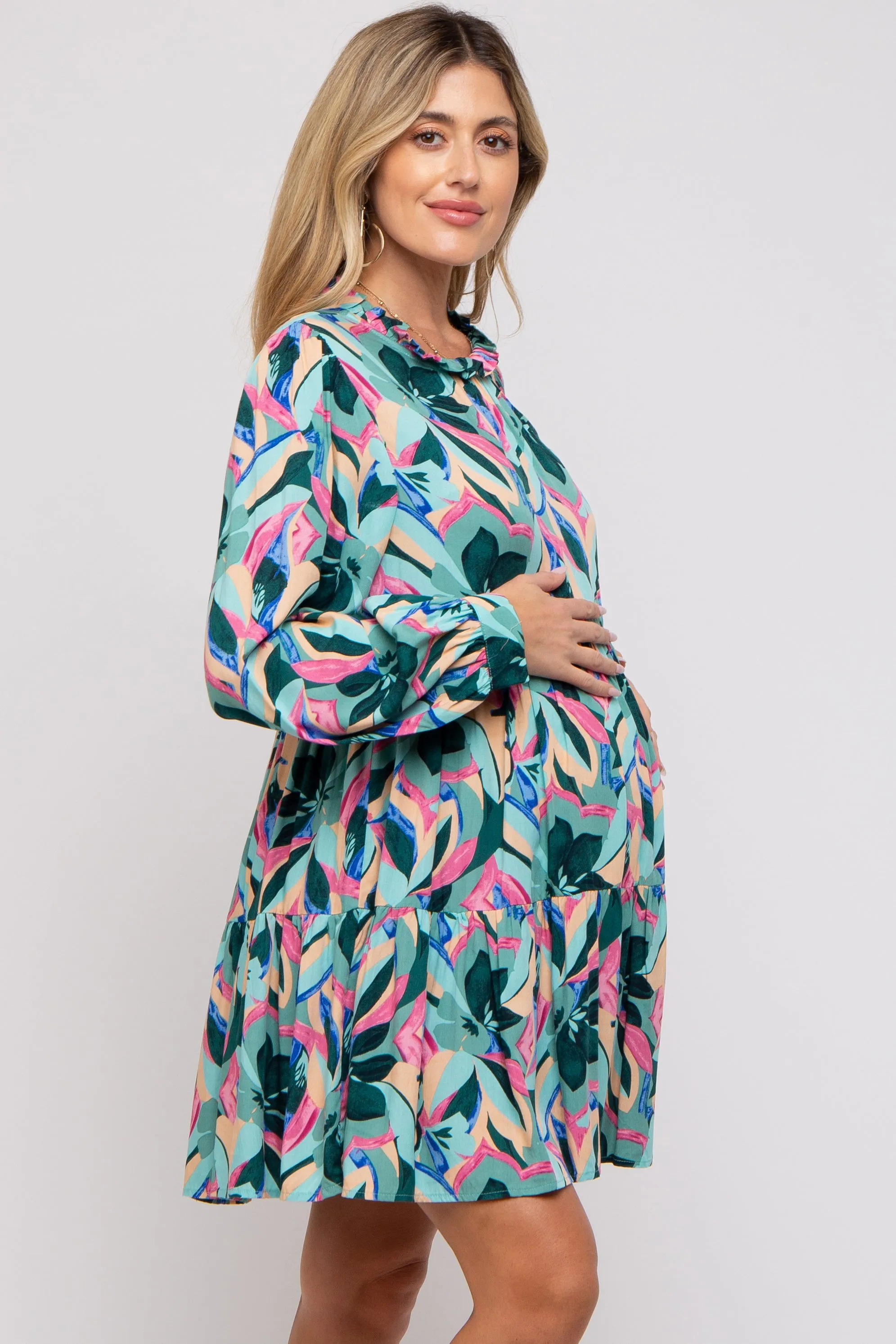 Teal Floral Ruffle Mock Neck Maternity Dress sold by Pinkblush product image thumbnail 3
