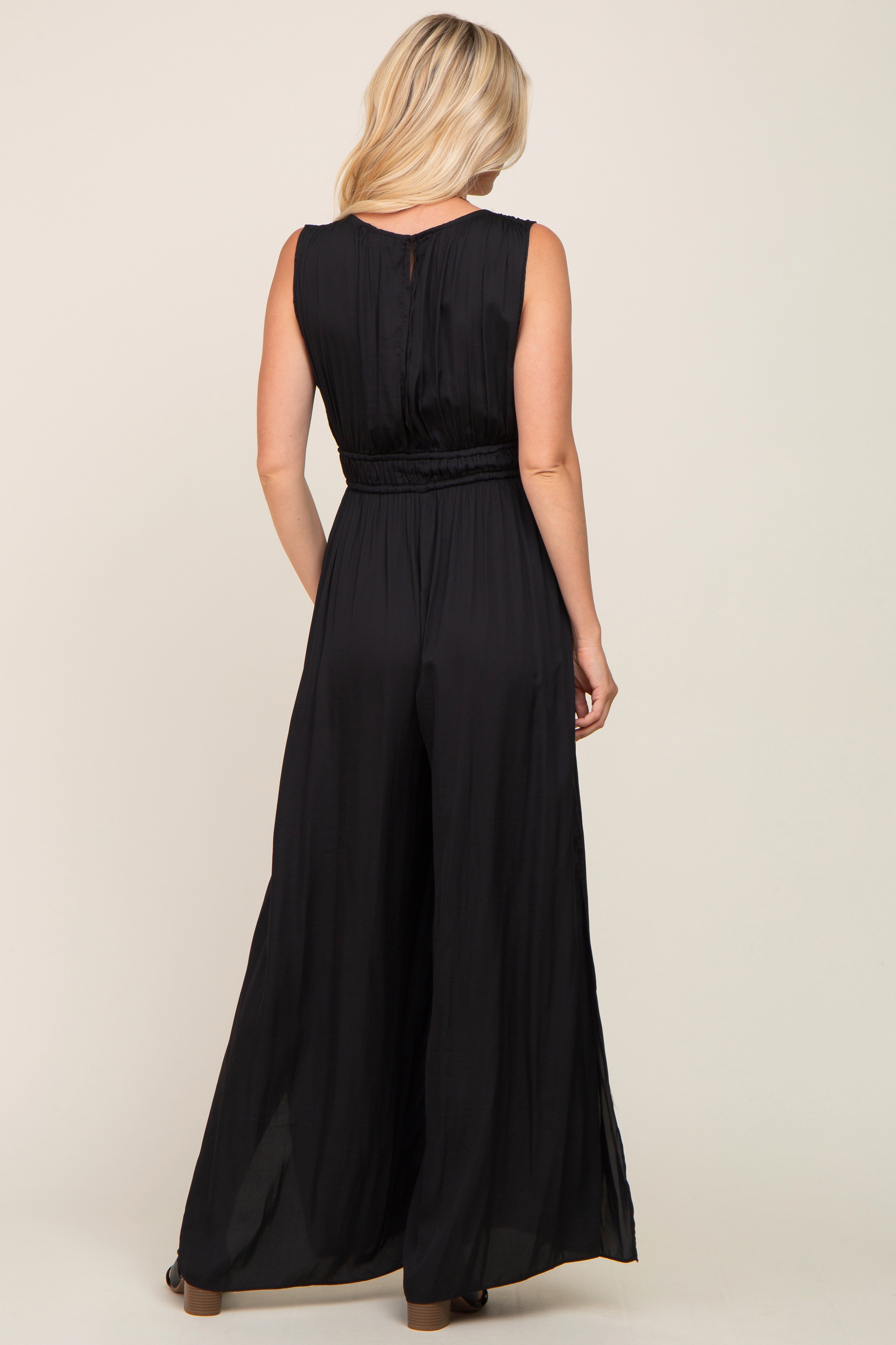 Black Satin V-Neck Side Slit Jumpsuit sold by Pinkblush product image thumbnail 3