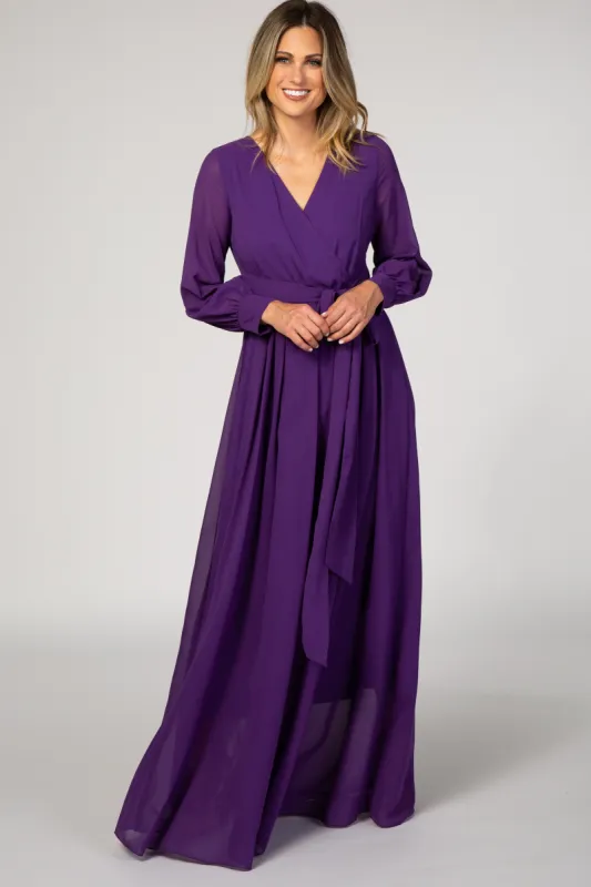 Purple Chiffon Long Sleeve Pleated Maxi Dress sold by Pinkblush