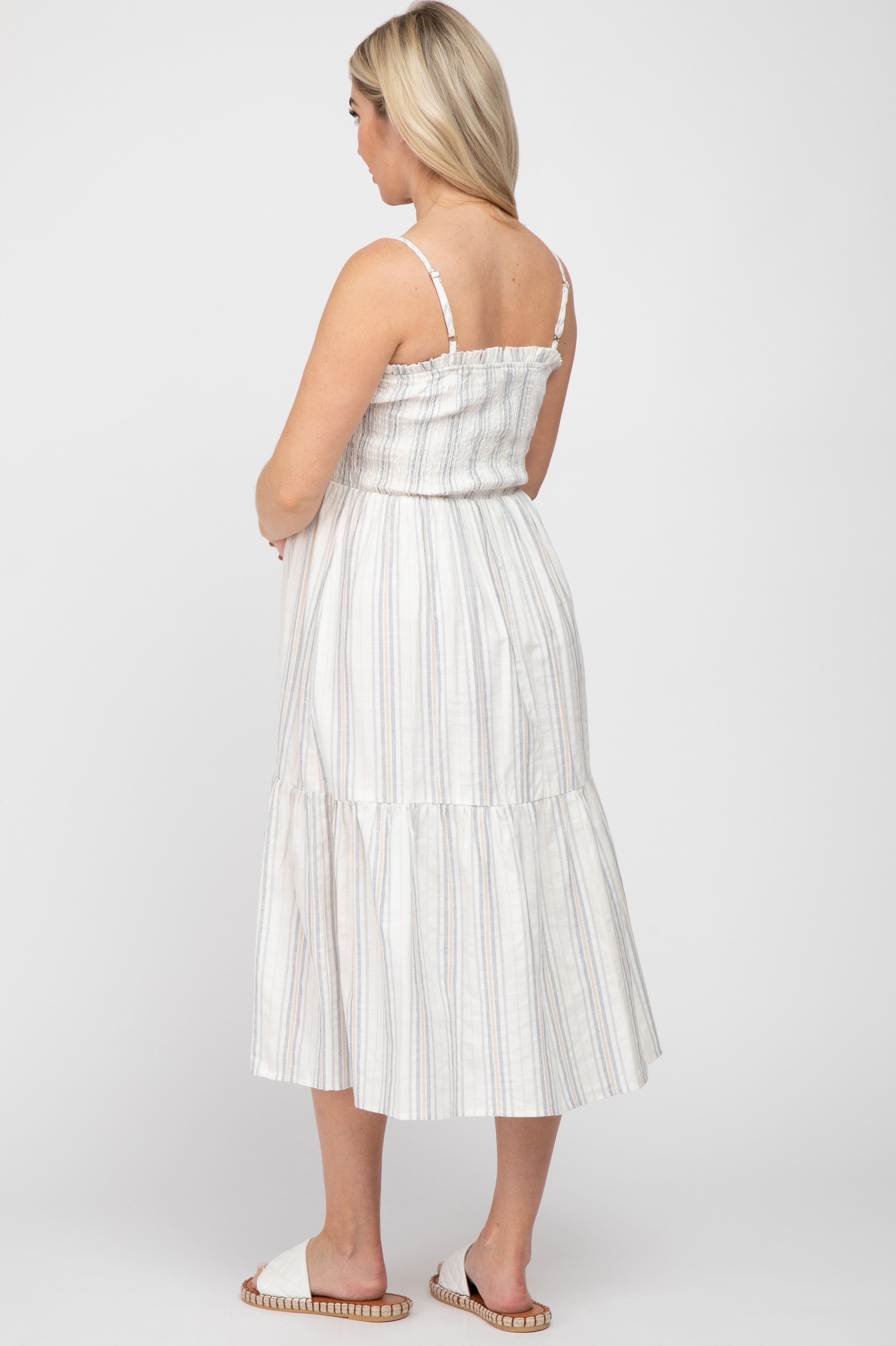 Taupe Striped Smocked Square Neck Maternity Midi Dress sold by Pinkblush product image thumbnail 3