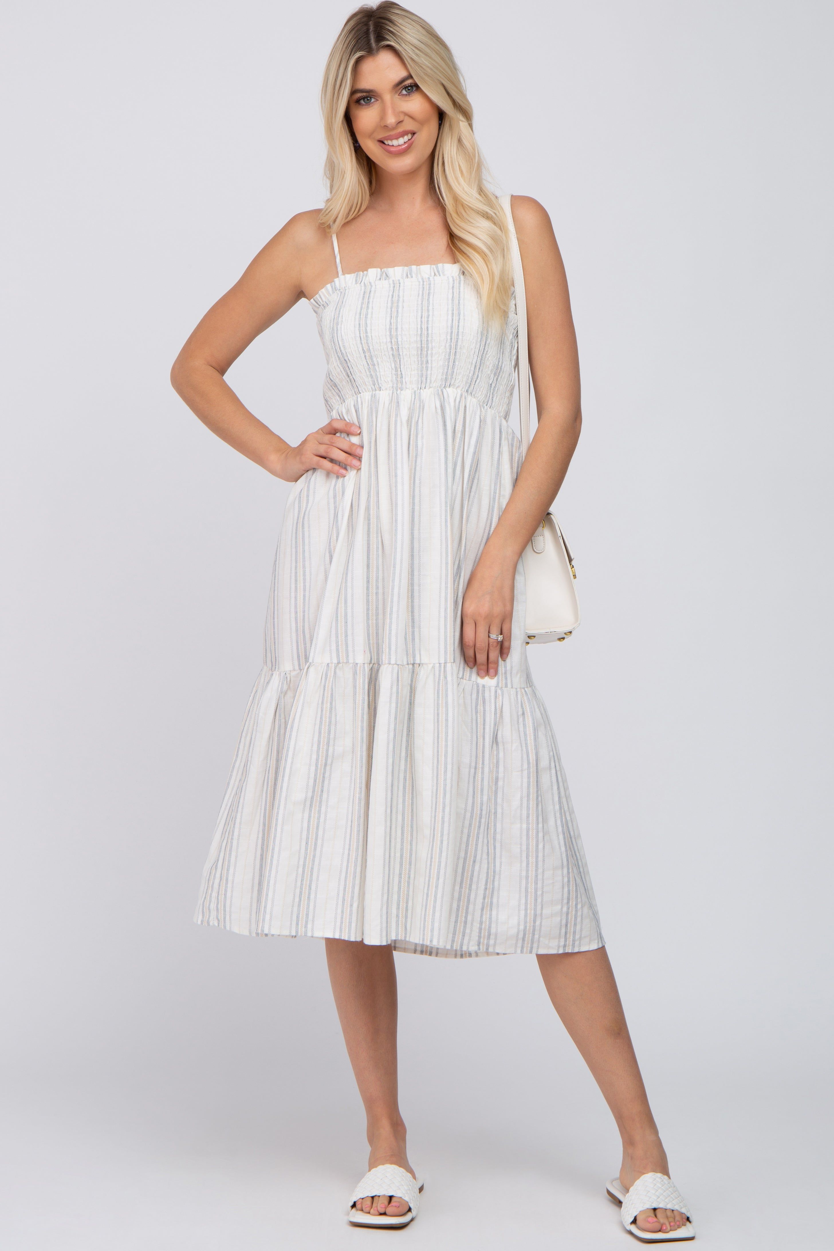 Taupe Striped Smocked Square Neck Maternity Midi Dress sold by Pinkblush product image thumbnail 4