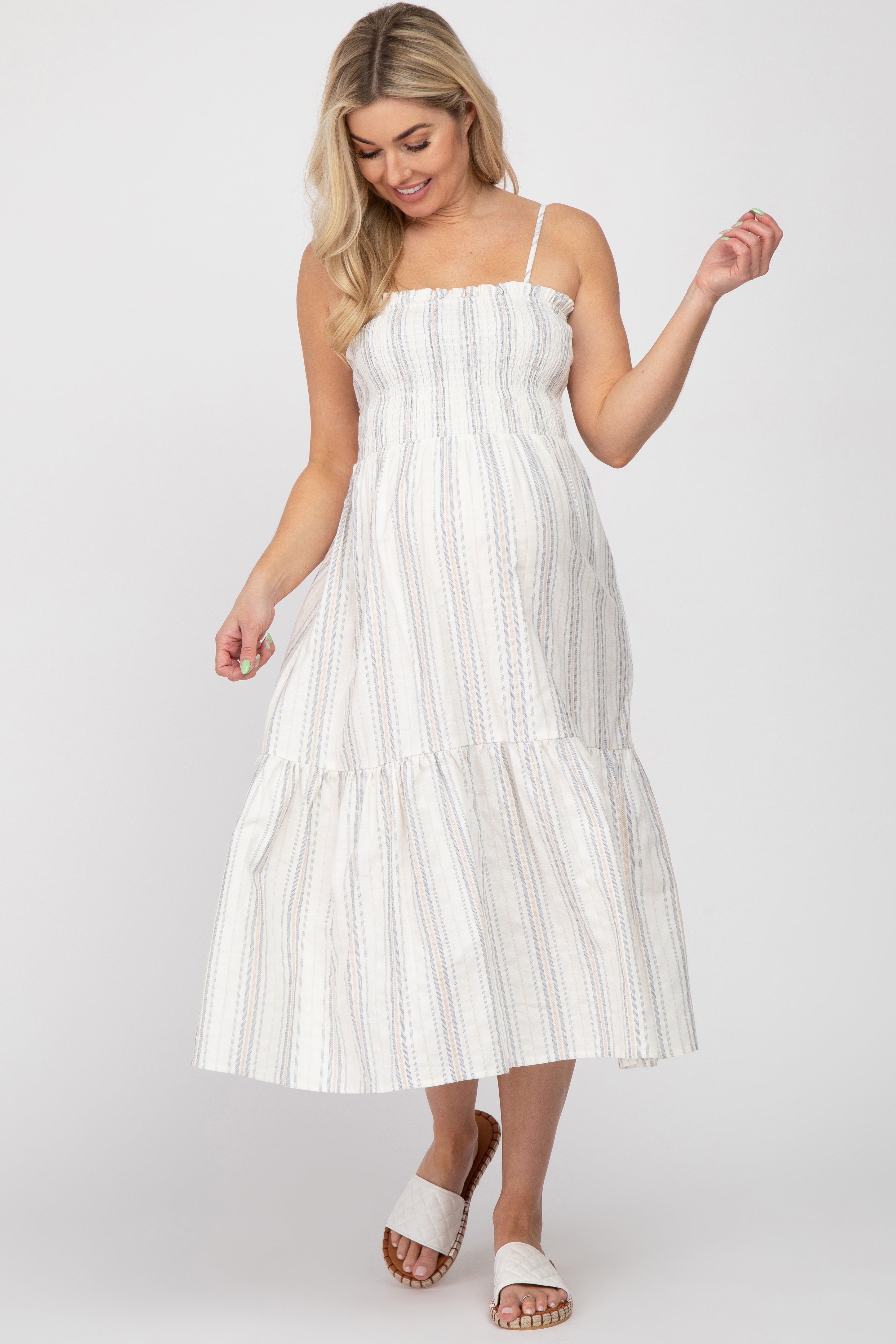 Taupe Striped Smocked Square Neck Maternity Midi Dress sold by Pinkblush