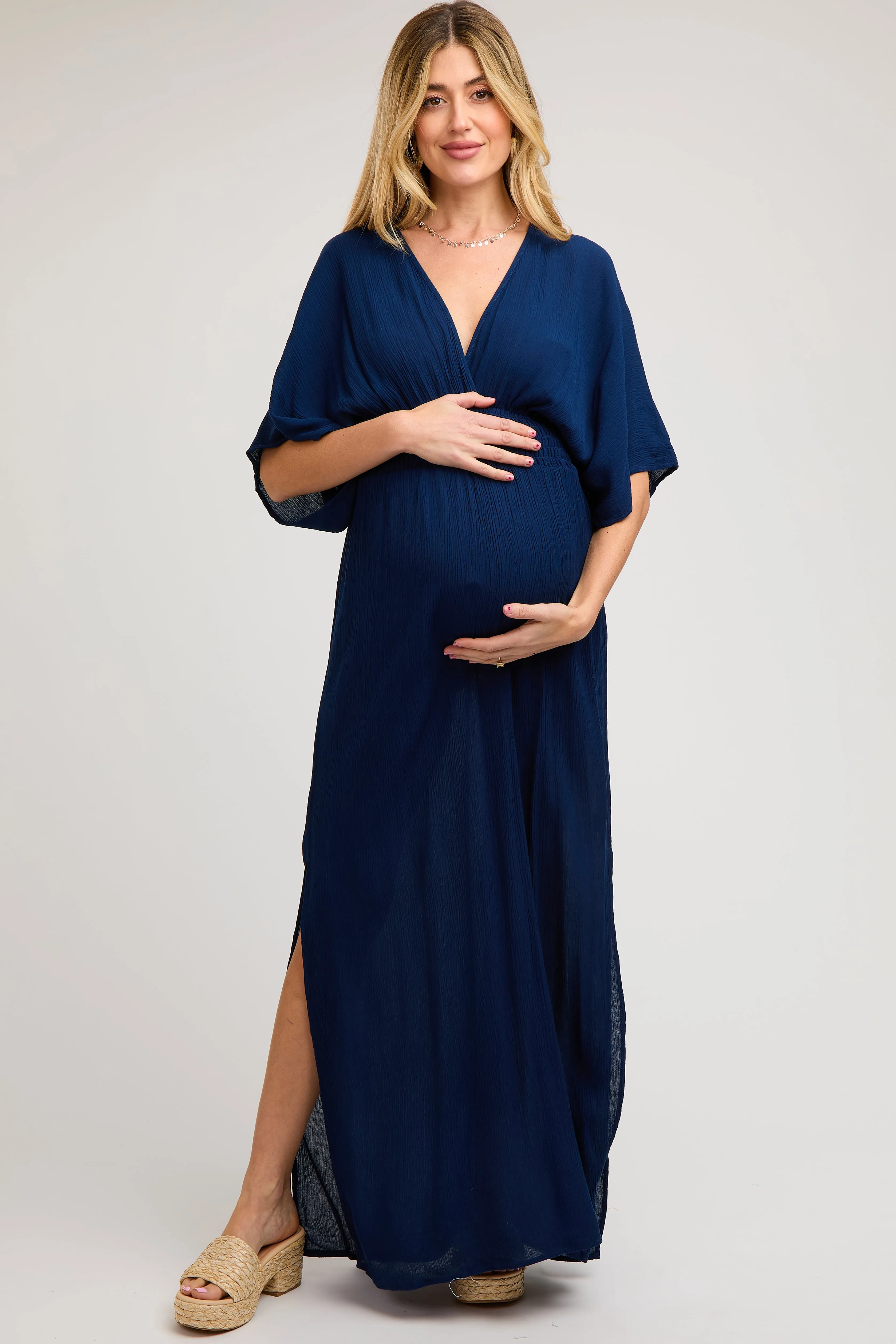 Navy Lightweight Deep V-Neck Maternity Maxi Dress sold by Pinkblush