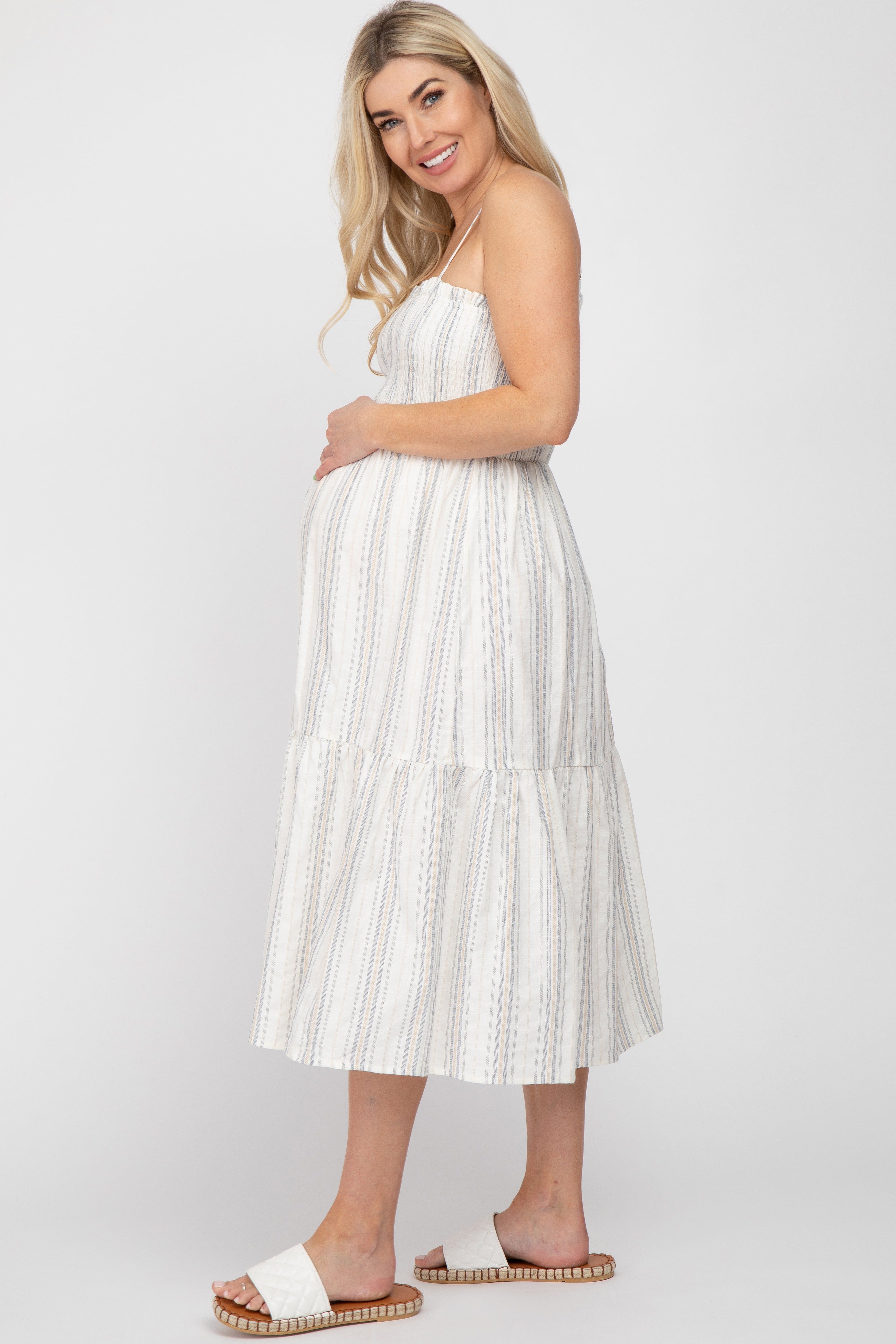 Taupe Striped Smocked Square Neck Maternity Midi Dress sold by Pinkblush product image thumbnail 2