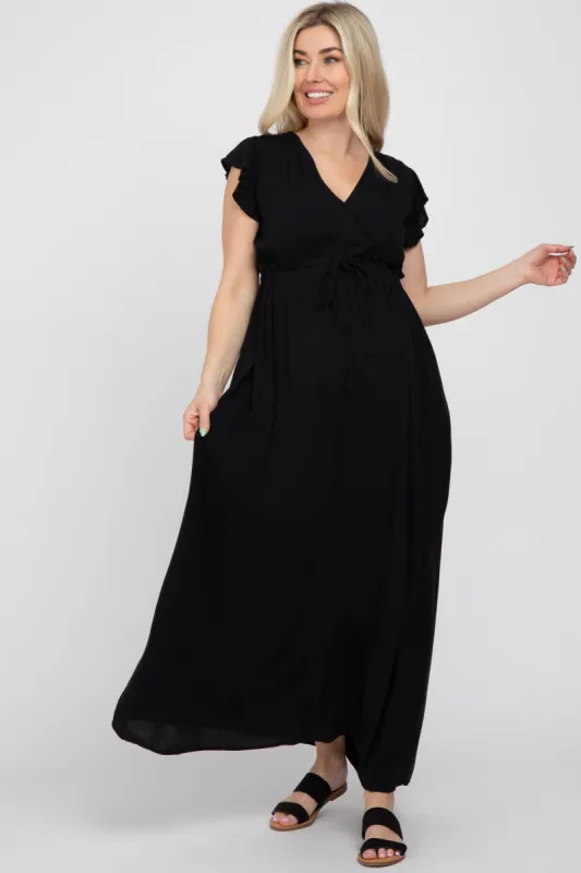 Black Wrap Front Ruffle Sleeve Maternity Maxi Dress sold by Pinkblush