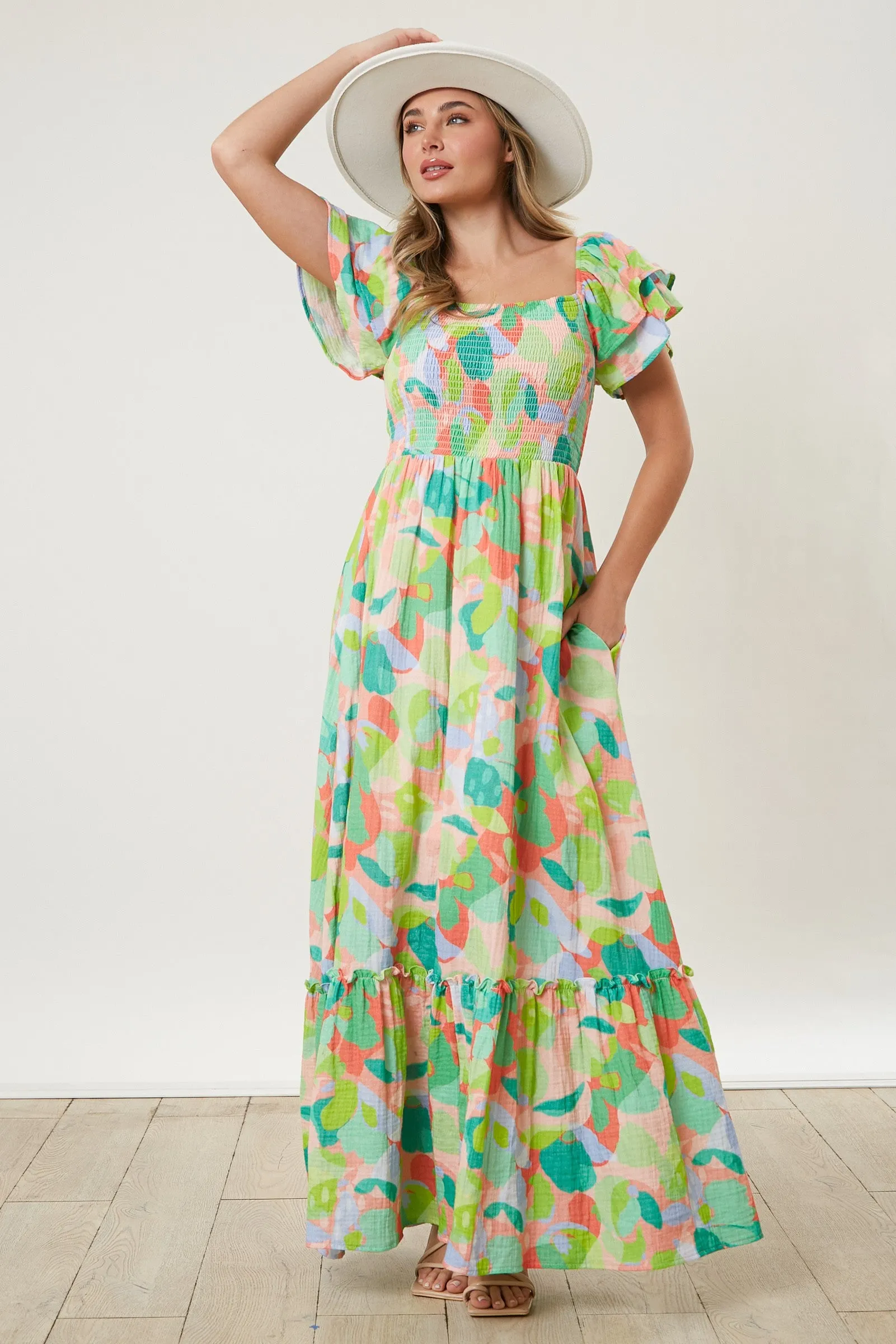 Light Coral Smocked Ruffle Sleeve Maxi Dress sold by Pinkblush product image thumbnail 2