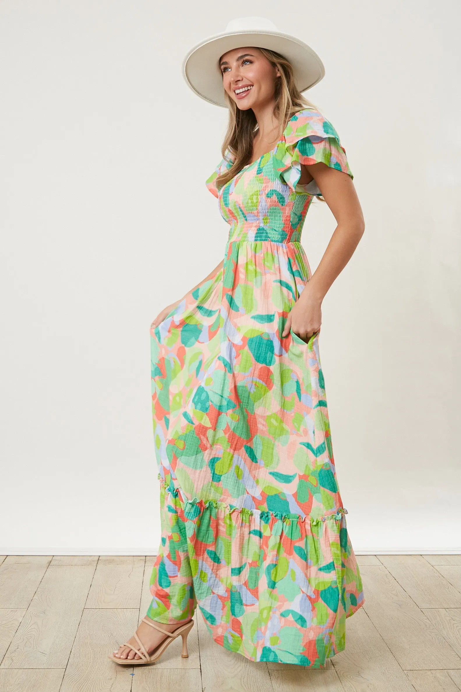 Light Coral Smocked Ruffle Sleeve Maxi Dress sold by Pinkblush product image thumbnail 3