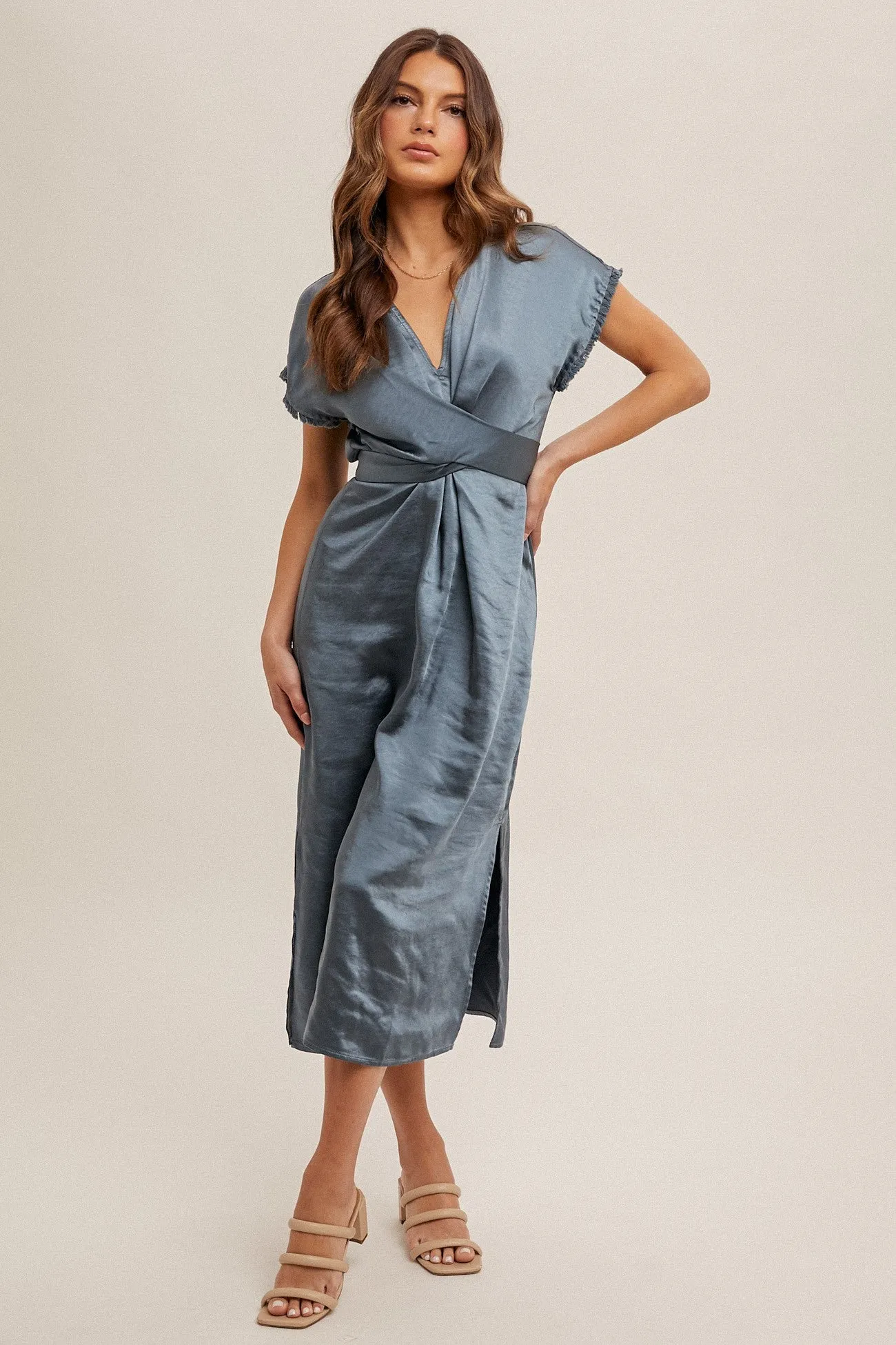 Blue Satin V-Neck Fringe Detail Midi Dress sold by Pinkblush