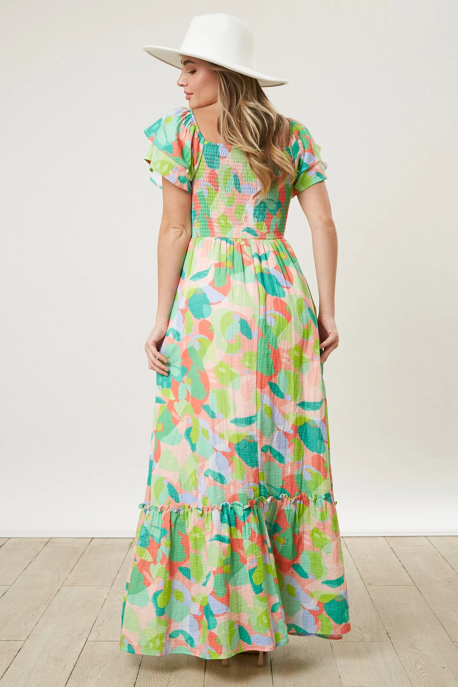 Light Coral Smocked Ruffle Sleeve Maxi Dress sold by Pinkblush product image thumbnail 4