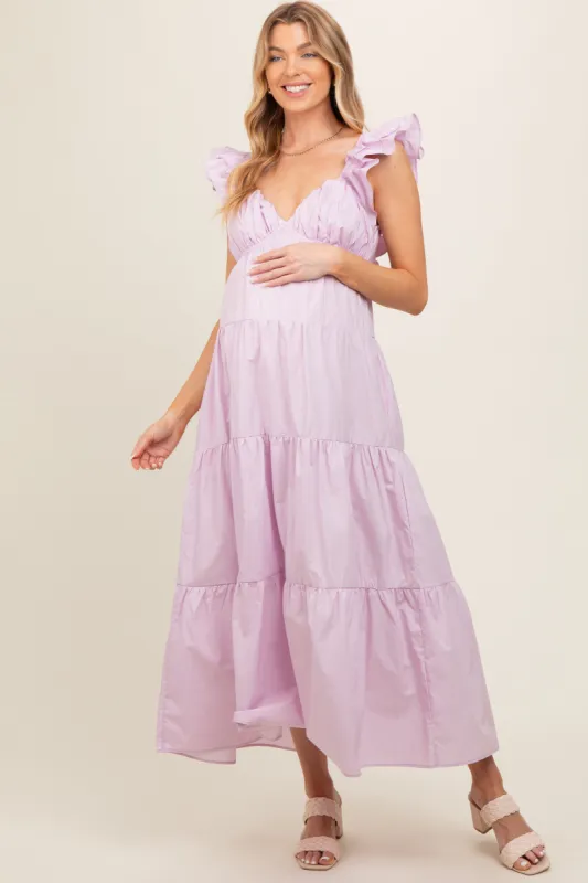 Lavender Flutter Sleeve Tiered Maternity Maxi Dress sold by Pinkblush
