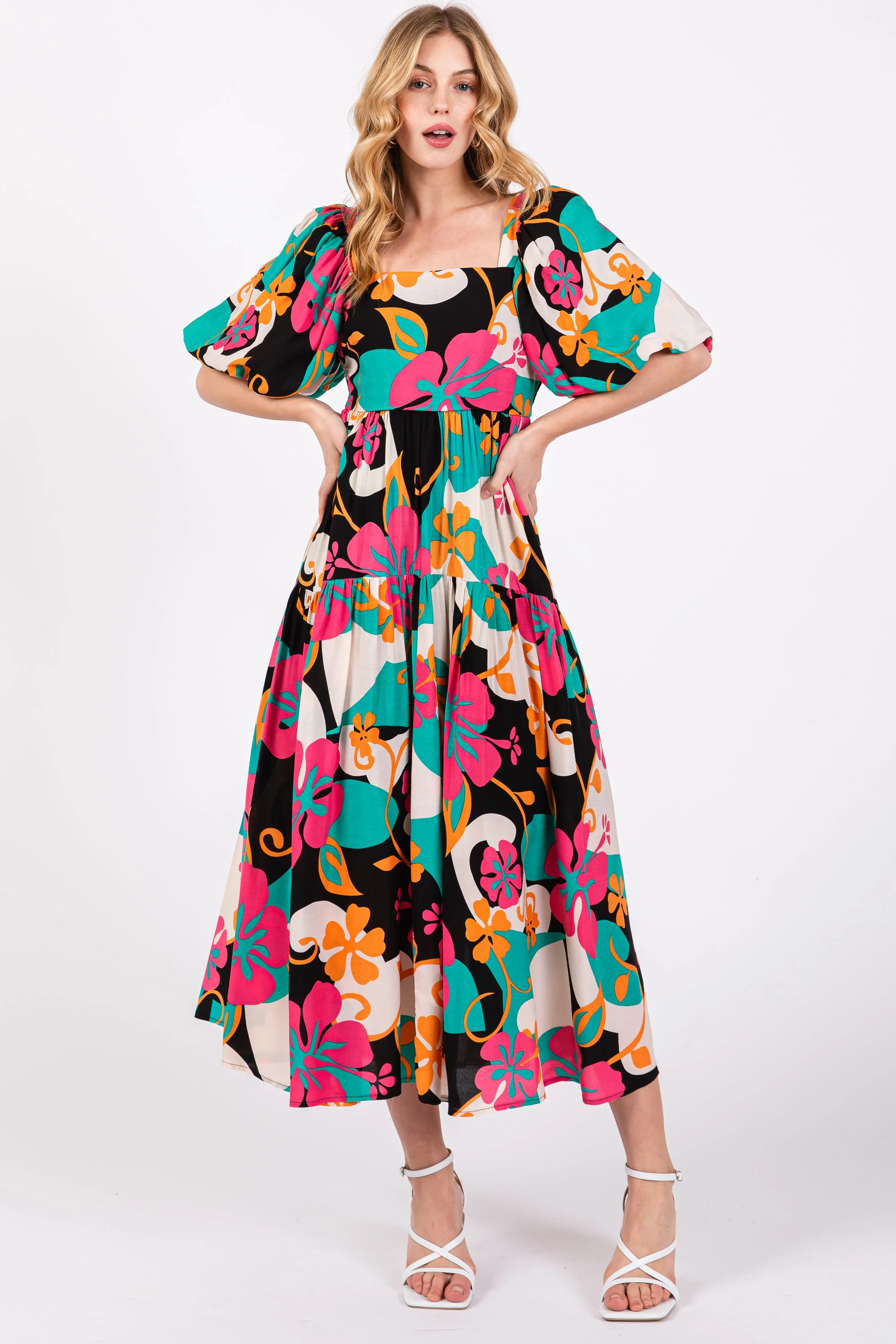 Black Floral Tiered Puff Sleeve Midi Dress sold by Pinkblush