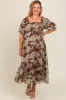 Brown Floral Chiffon Ruffle Hem Maternity Plus Midi Dress sold by Pinkblush