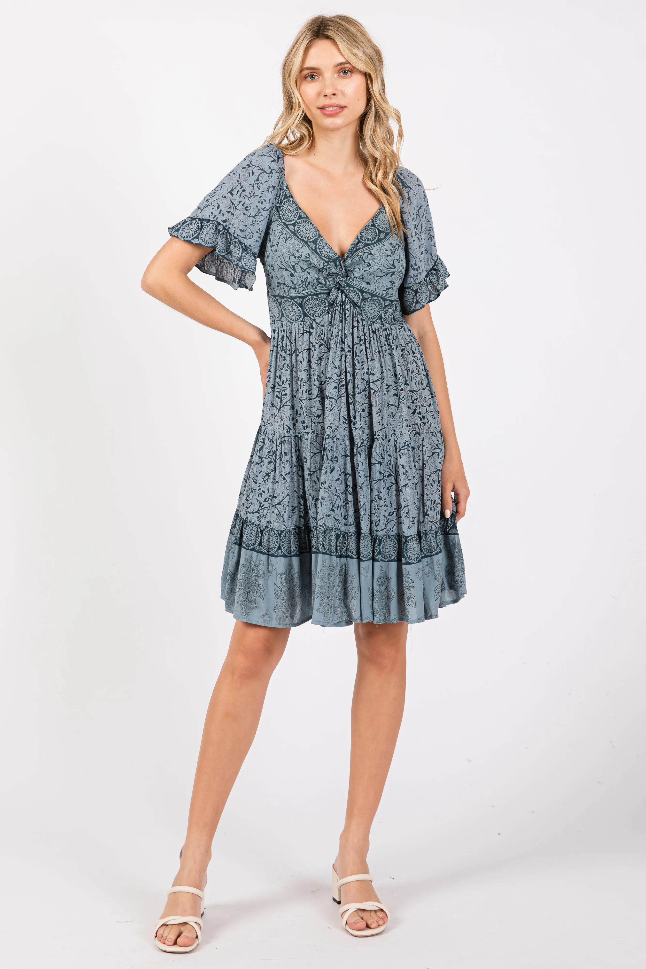 Blue Floral Paisley Knot V-Neck Short Sleeve Dress sold by Pinkblush product image thumbnail 4
