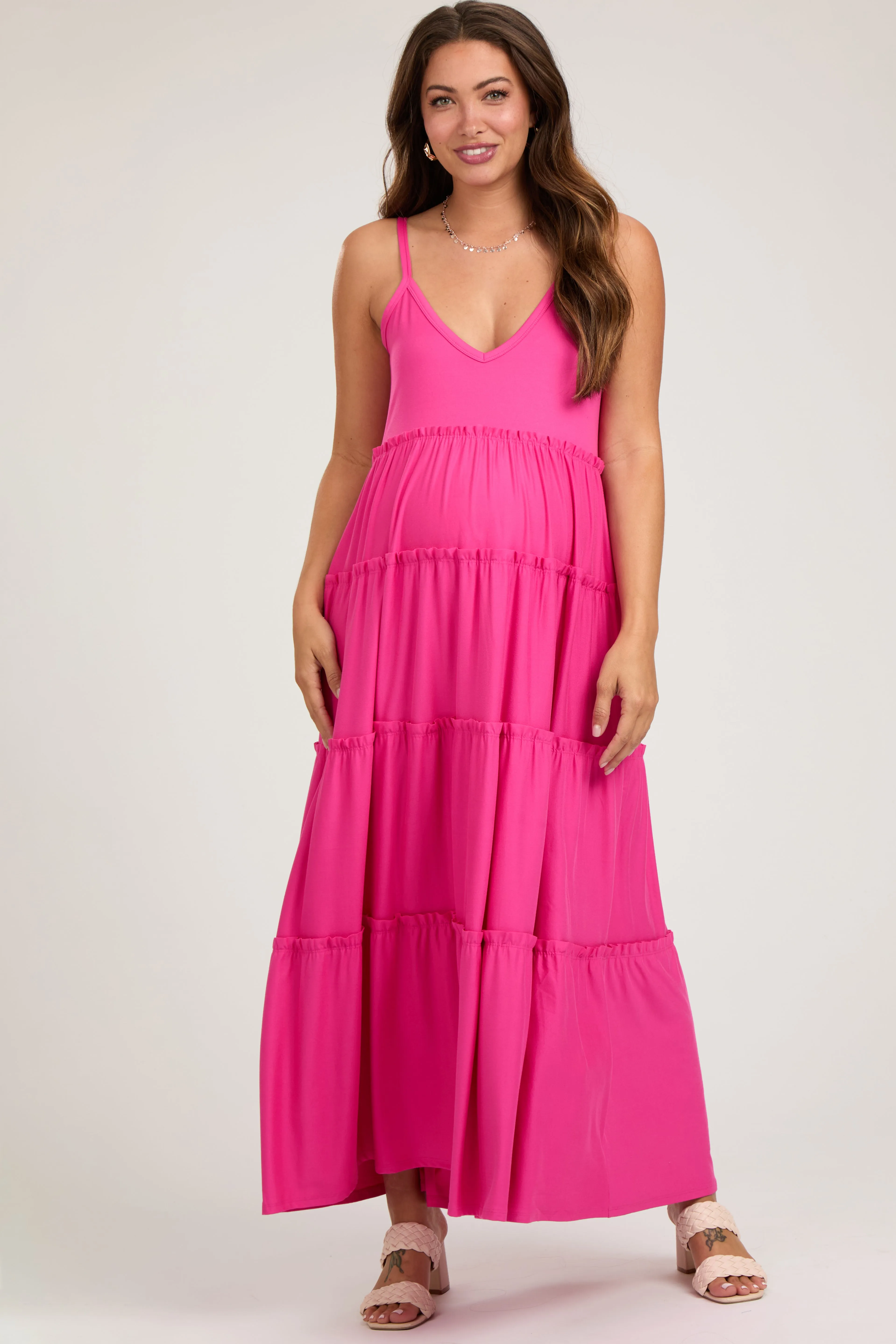 Fuchsia Tiered Sleeveless Maternity Maxi Dress sold by Pinkblush