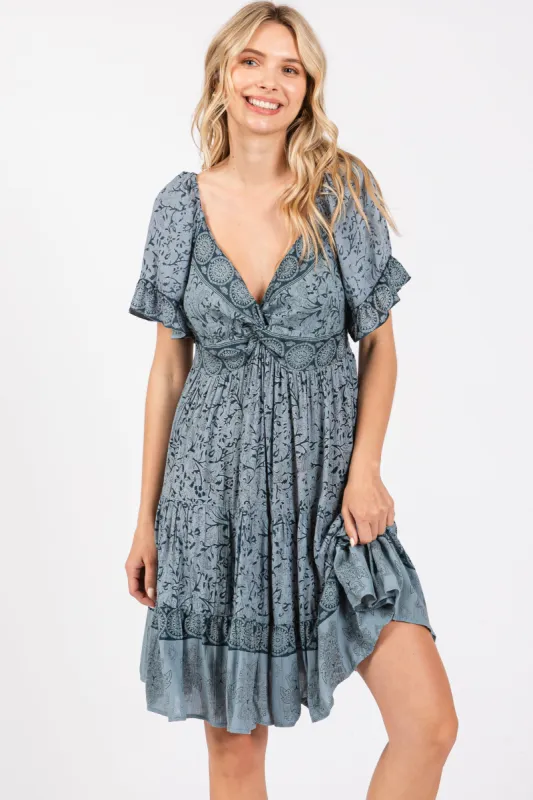 Blue Floral Paisley Knot V-Neck Short Sleeve Dress sold by Pinkblush