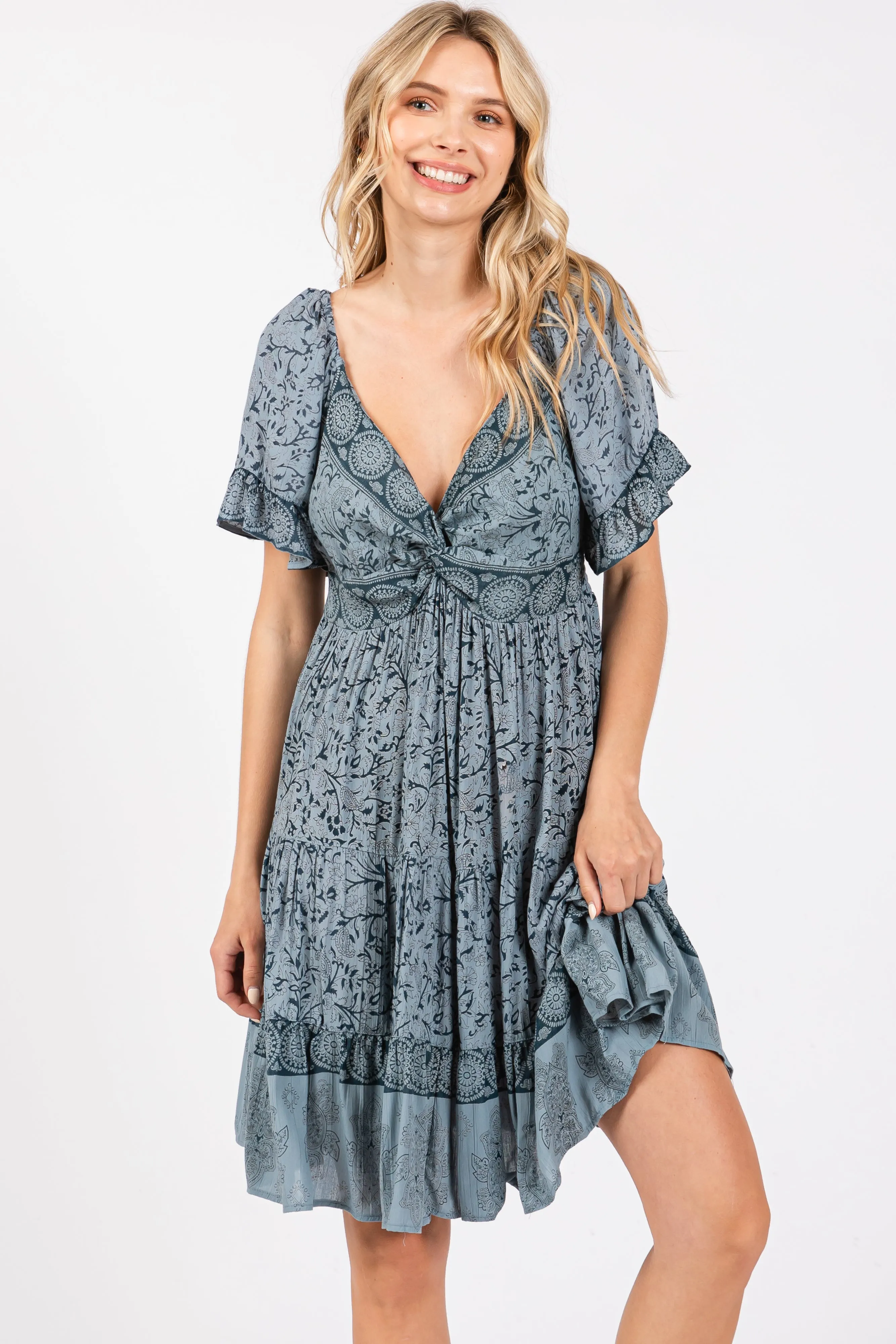 Blue Floral Paisley Knot V-Neck Short Sleeve Dress sold by Pinkblush