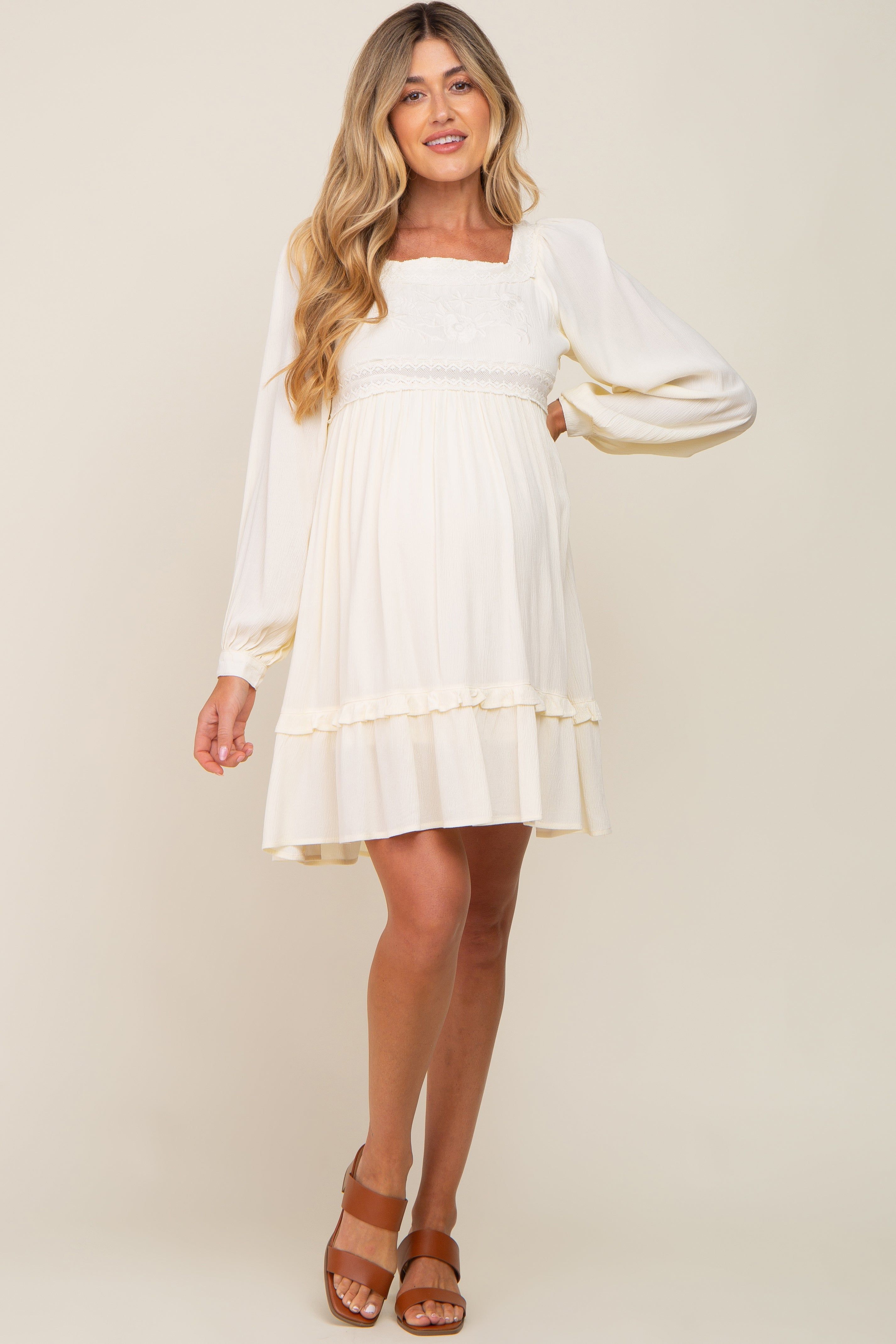 Cream Lace Embroidered Square Neck Maternity Dress sold by Pinkblush