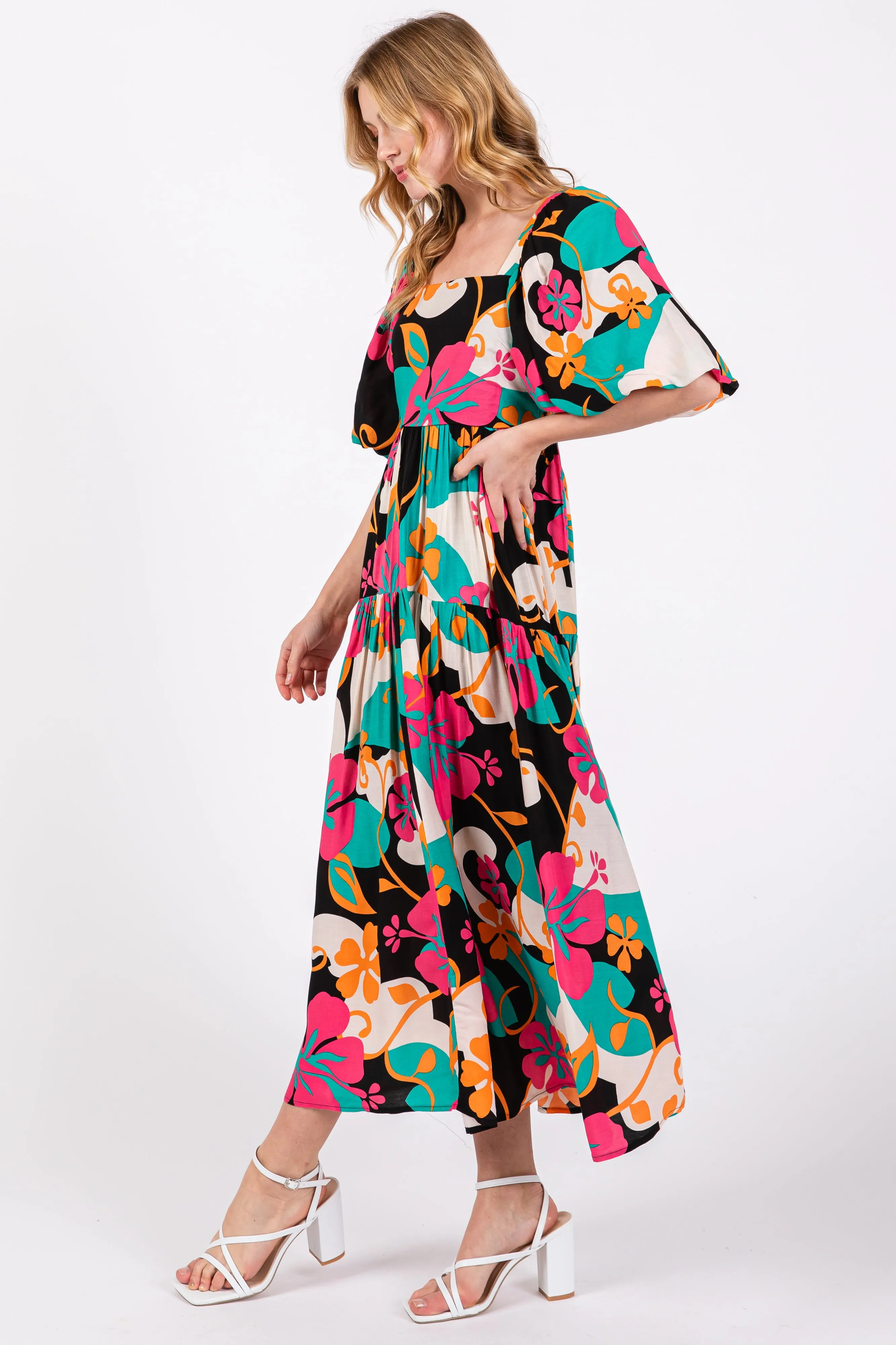 Black Floral Tiered Puff Sleeve Midi Dress sold by Pinkblush product image thumbnail 2