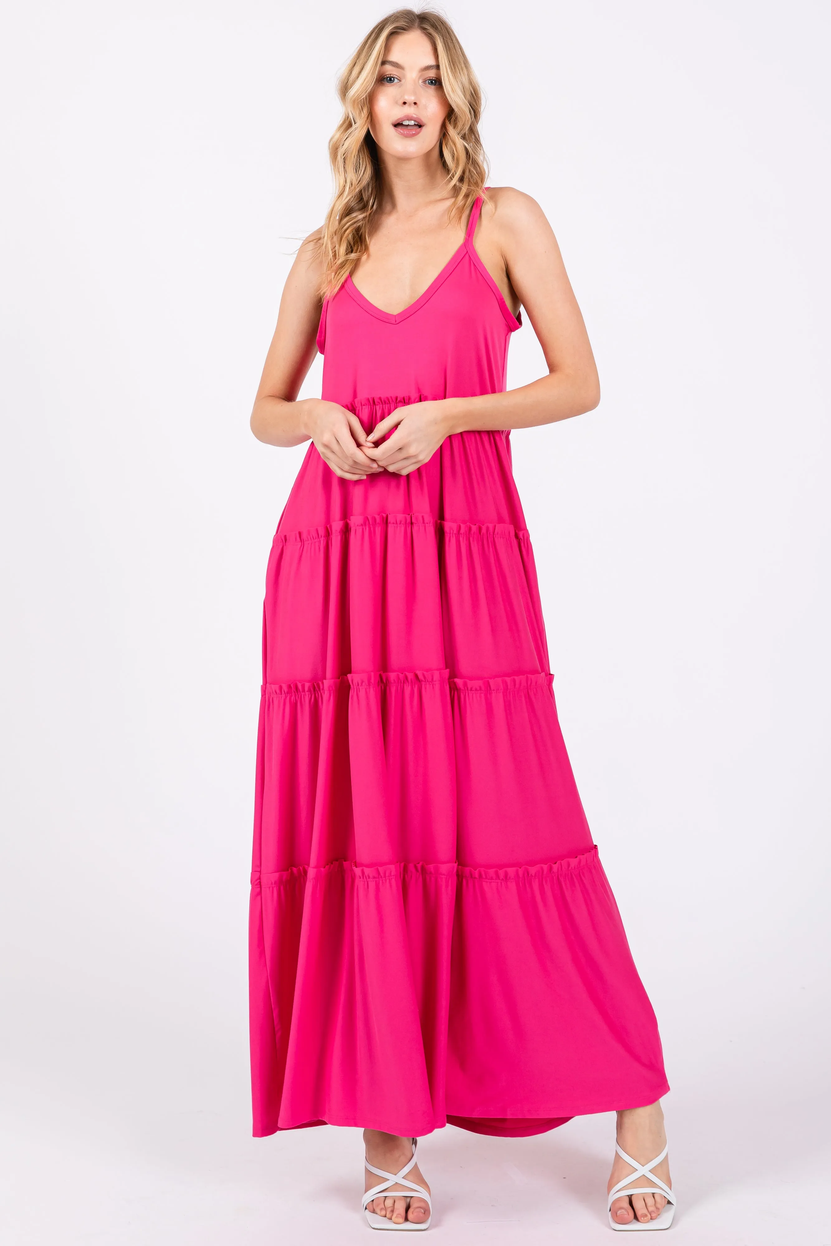 Fuchsia Tiered Sleeveless Maternity Maxi Dress sold by Pinkblush product image thumbnail 4