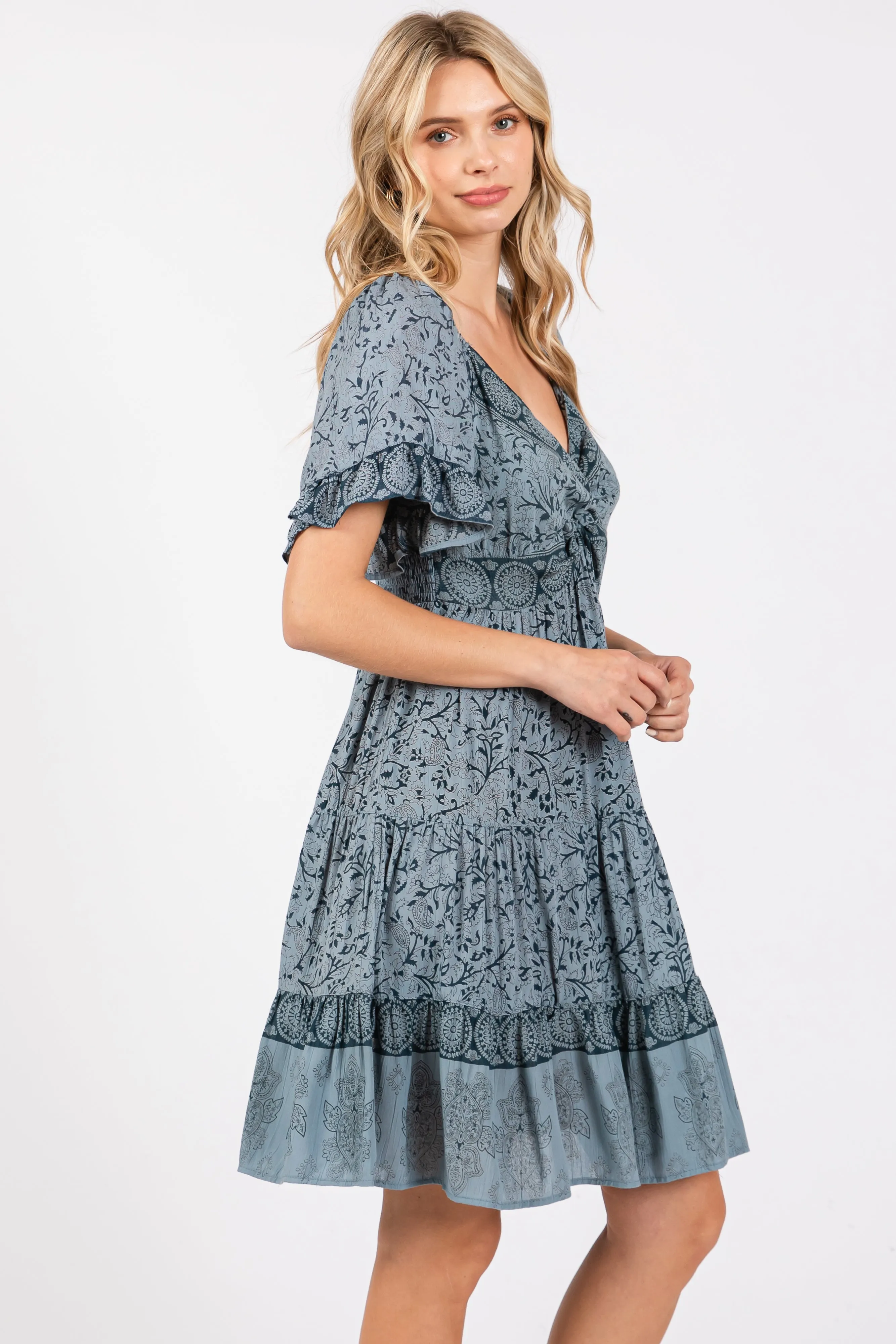 Blue Floral Paisley Knot V-Neck Short Sleeve Dress sold by Pinkblush product image thumbnail 2