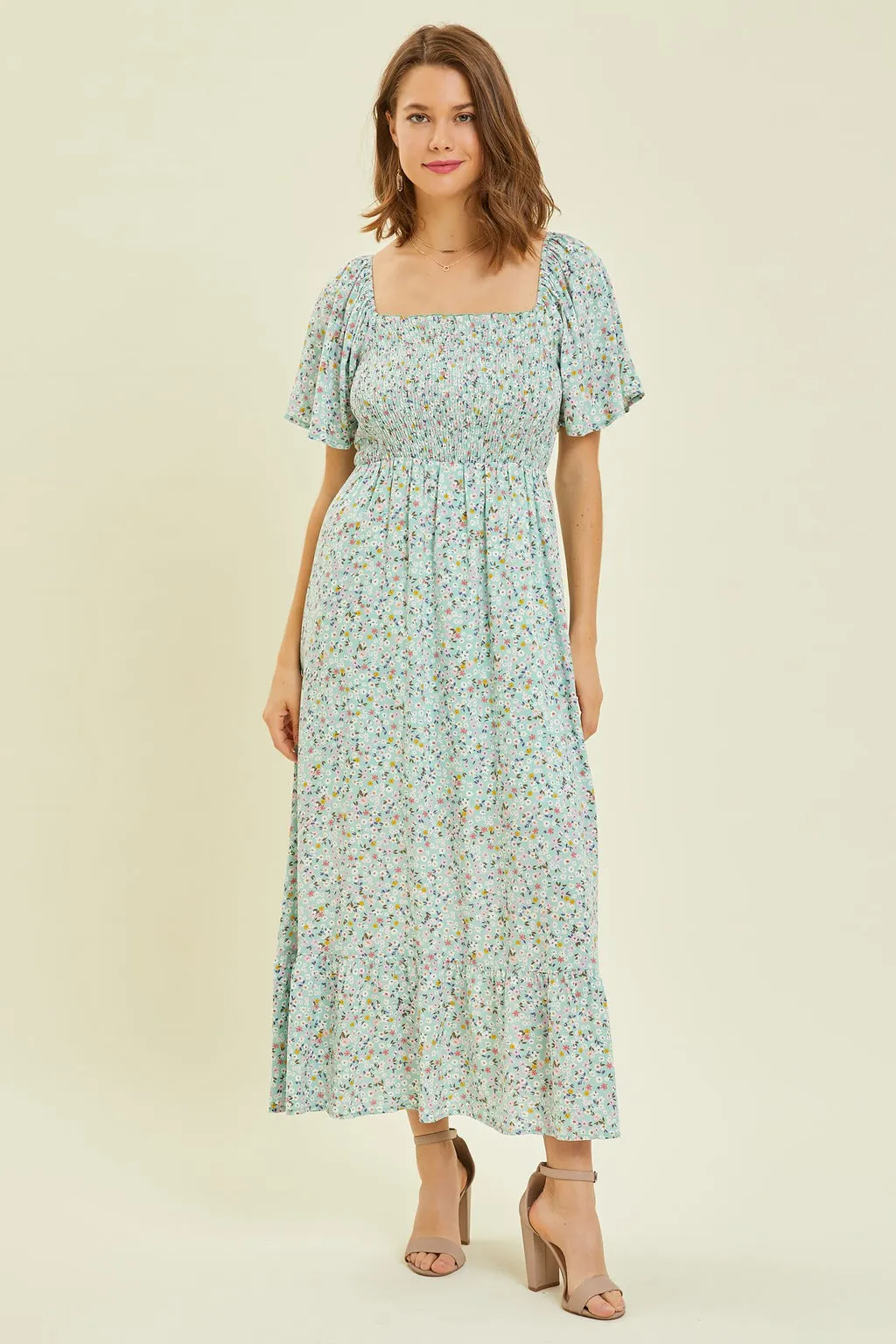 Mint Floral Smocked Maxi Dress sold by Pinkblush