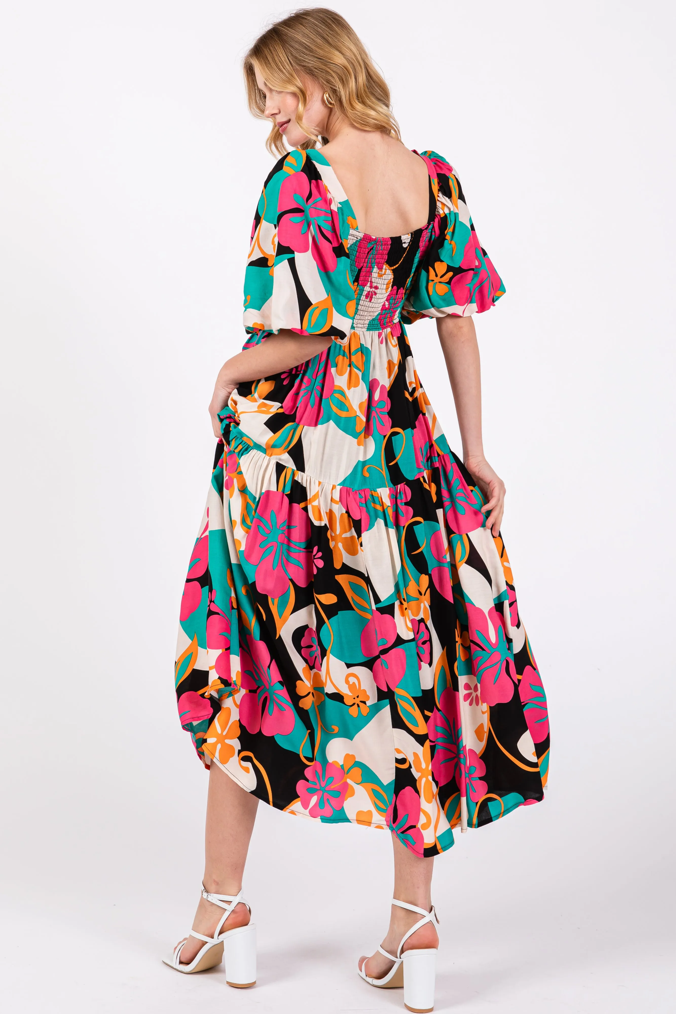 Black Floral Tiered Puff Sleeve Midi Dress sold by Pinkblush product image thumbnail 3